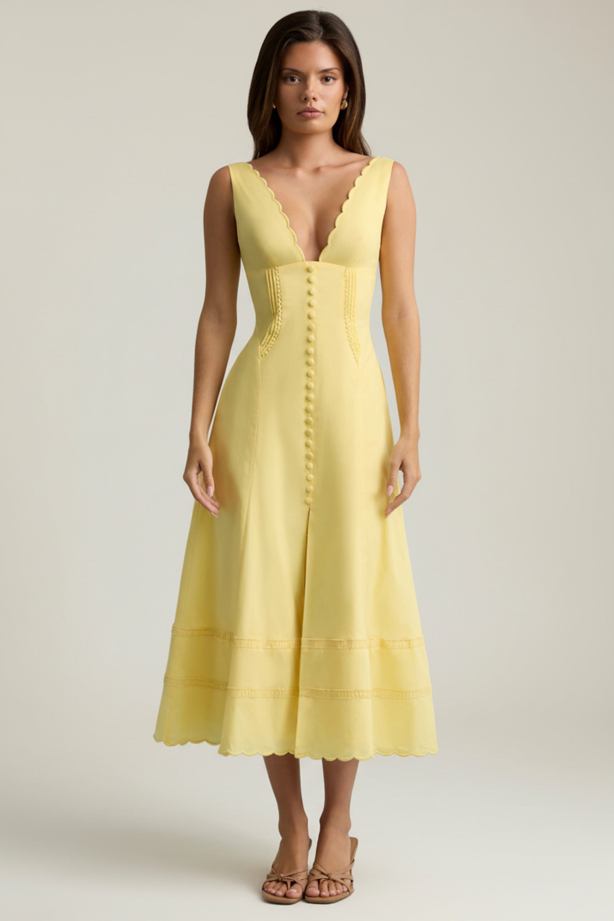 Cotton-Poplin A-Line Midaxi Dress in Pastel Yellow
