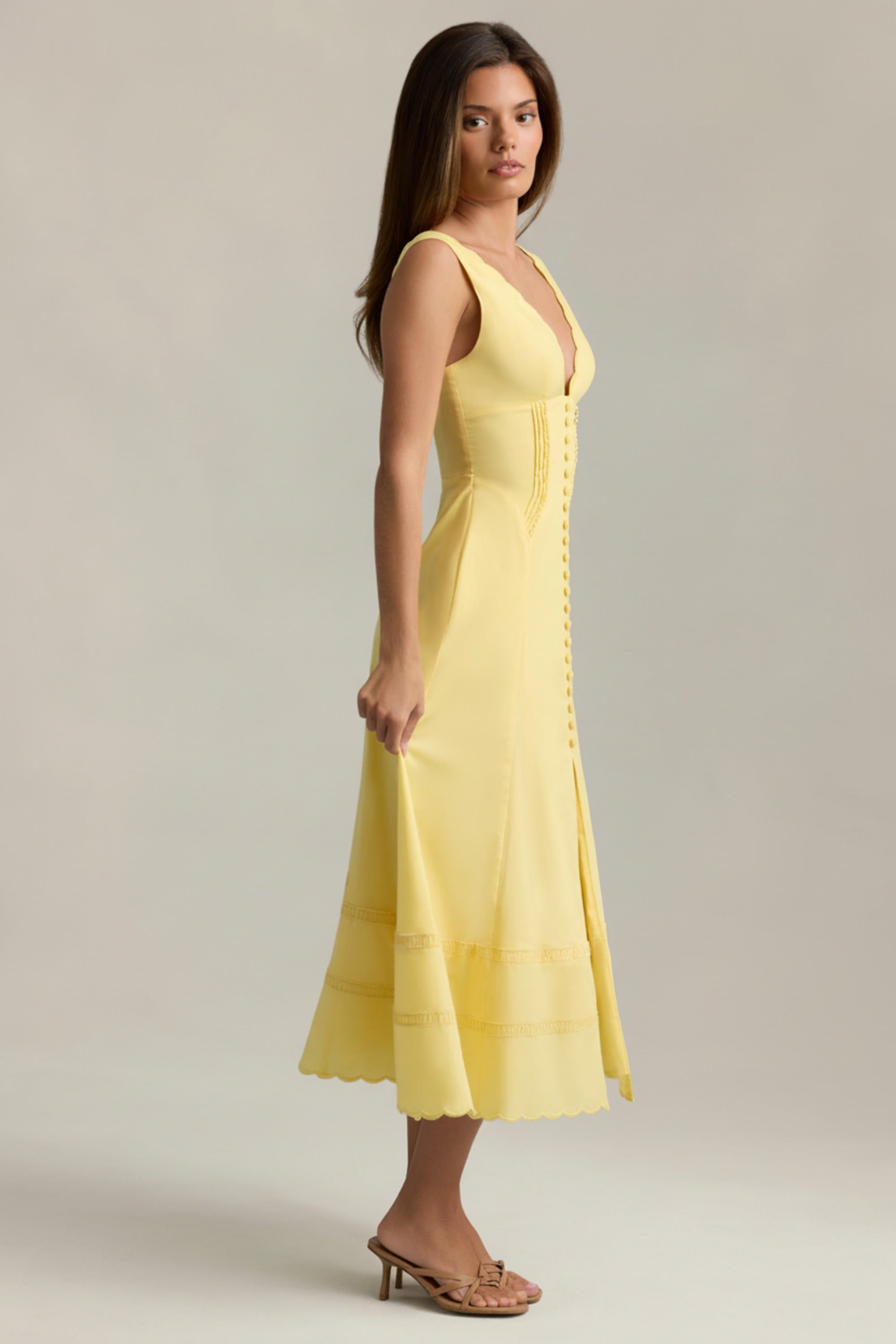 Cotton-Poplin A-Line Midaxi Dress in Pastel Yellow