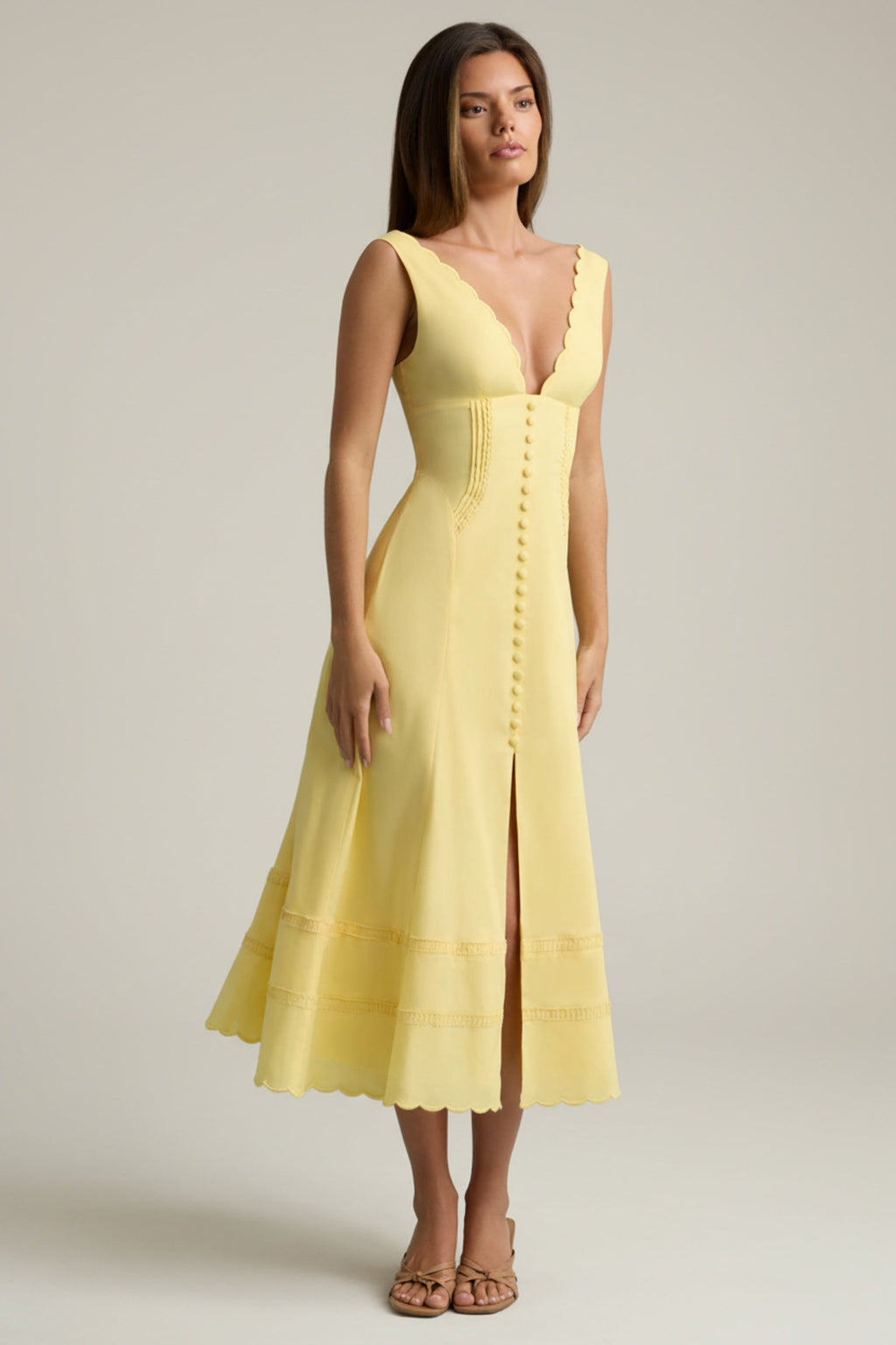 Cotton-Poplin A-Line Midaxi Dress in Pastel Yellow