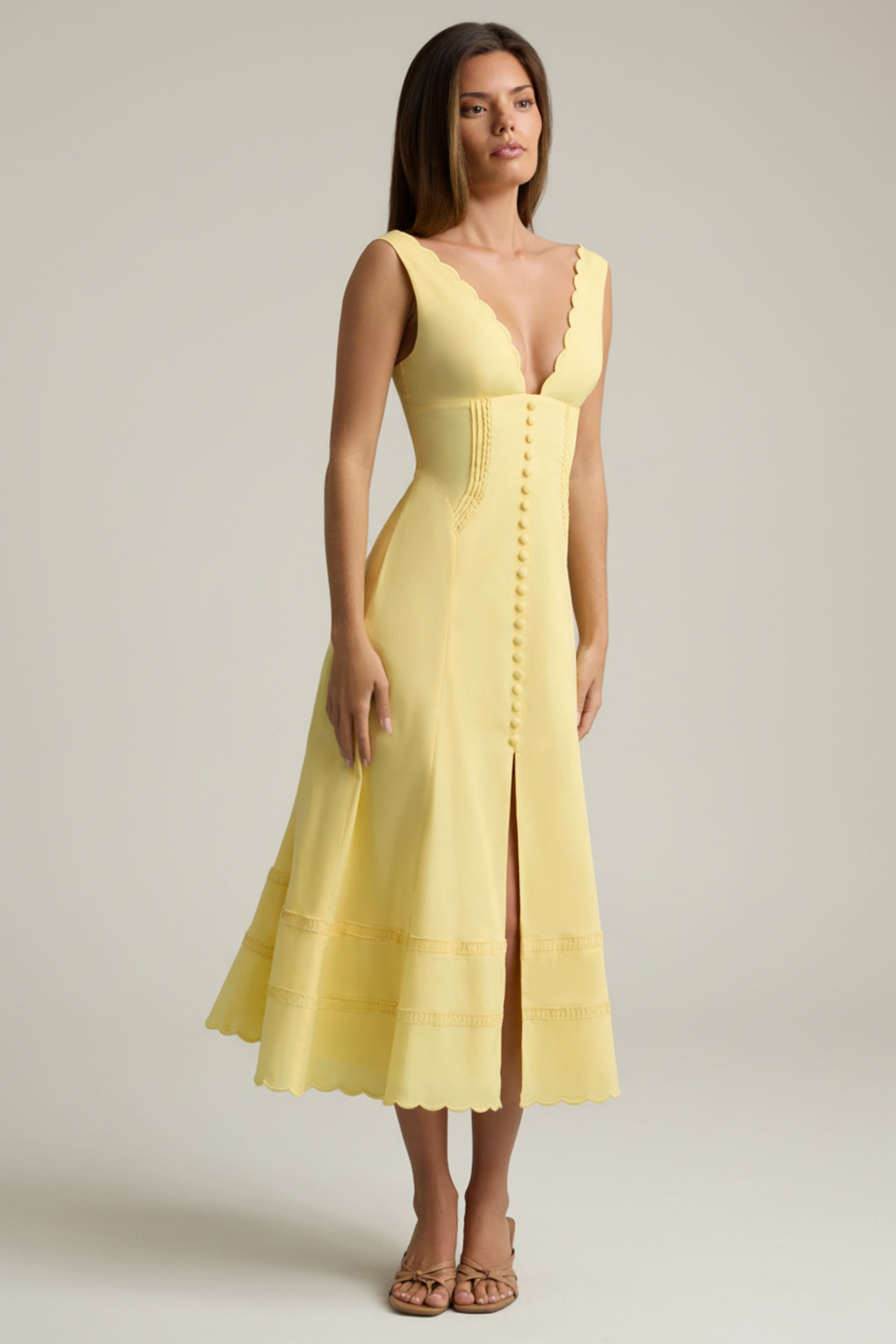 Cotton-Poplin A-Line Midaxi Dress in Pastel Yellow
