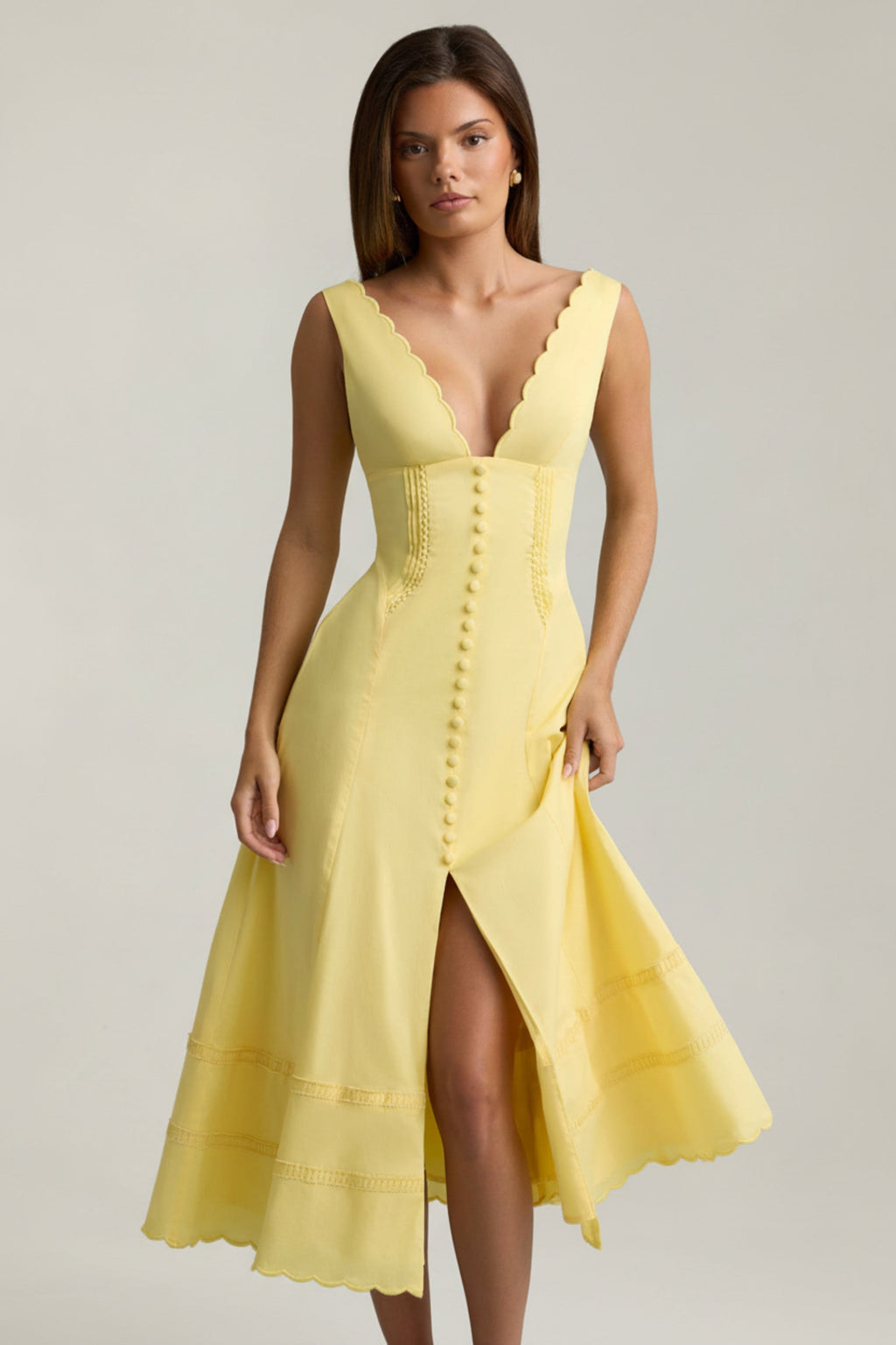 Cotton-Poplin A-Line Midaxi Dress in Pastel Yellow