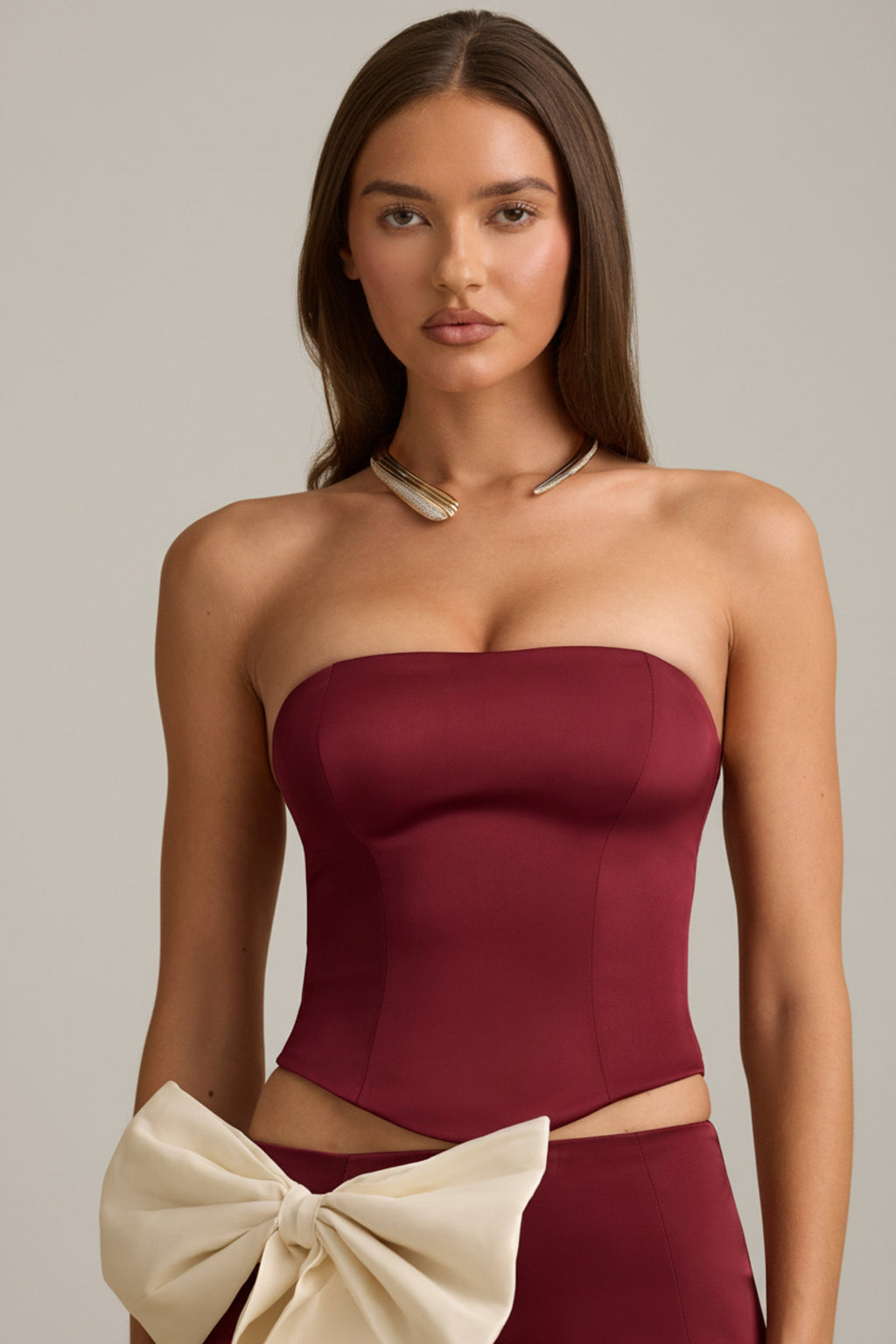 Cut-Out Bow-Detail Corset Top in Wine Red