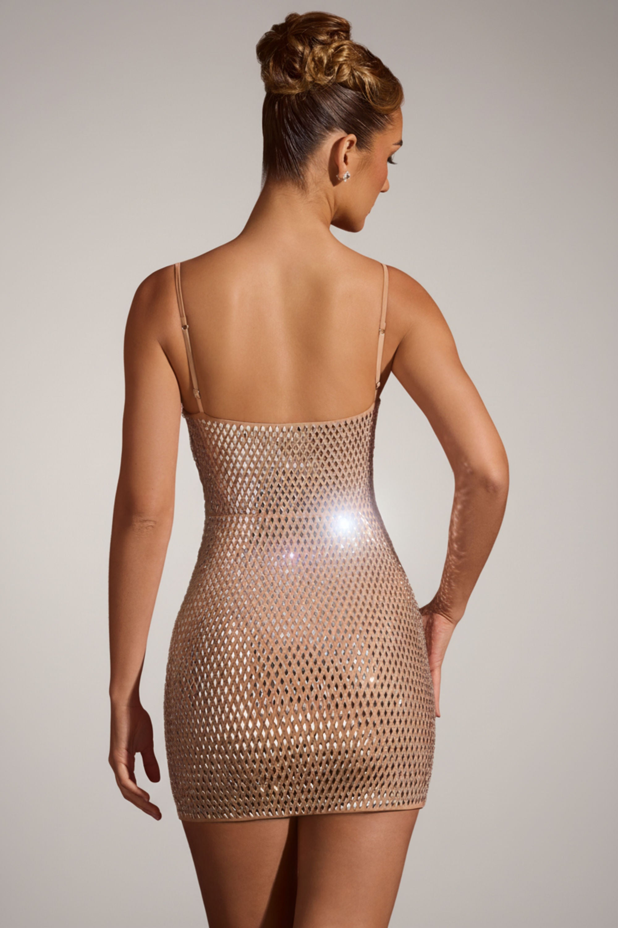 Embellished Cut-Out Mini Dress in Almond