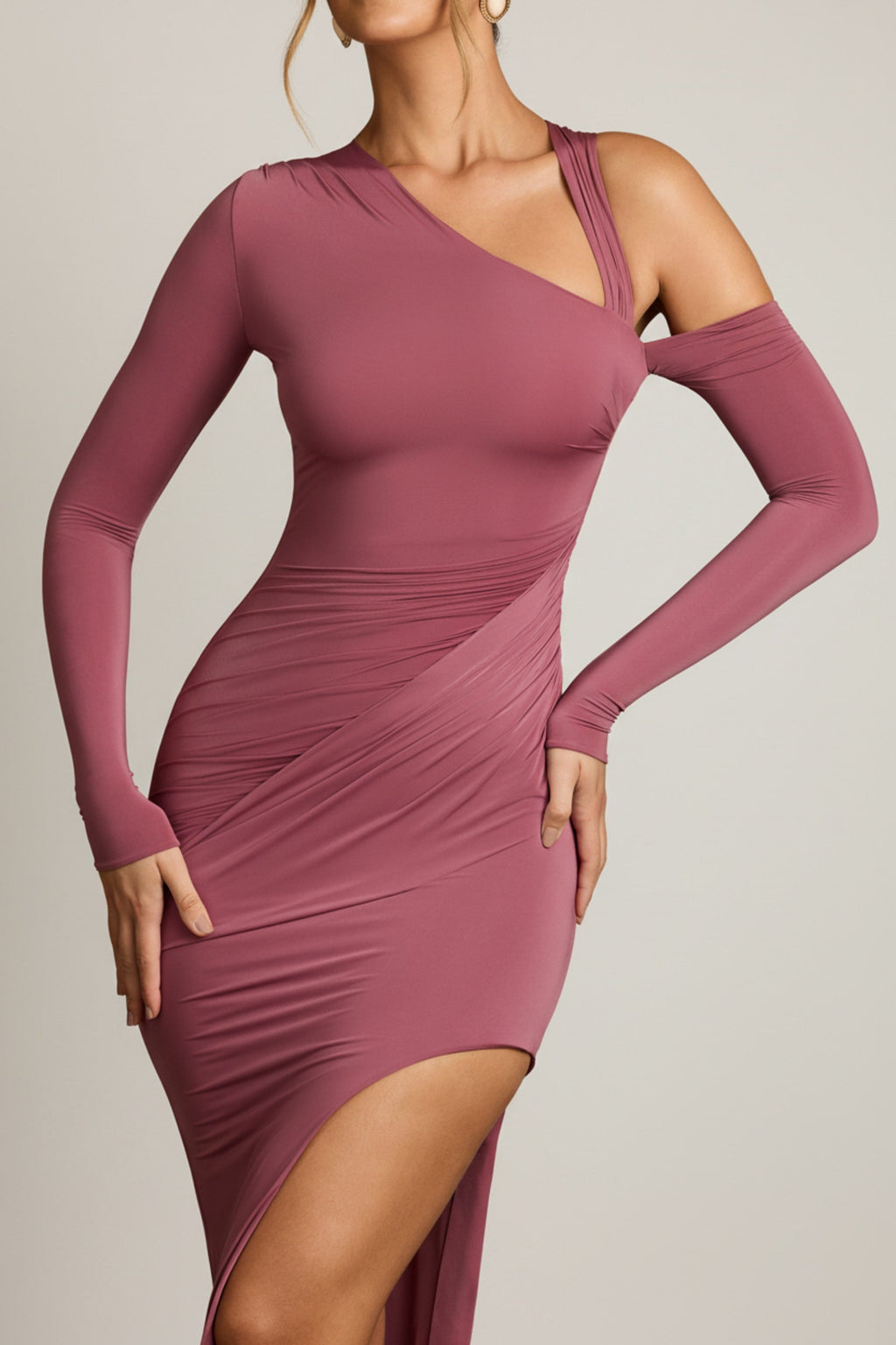Asymmetric Draped Maxi Dress in Rose Brown