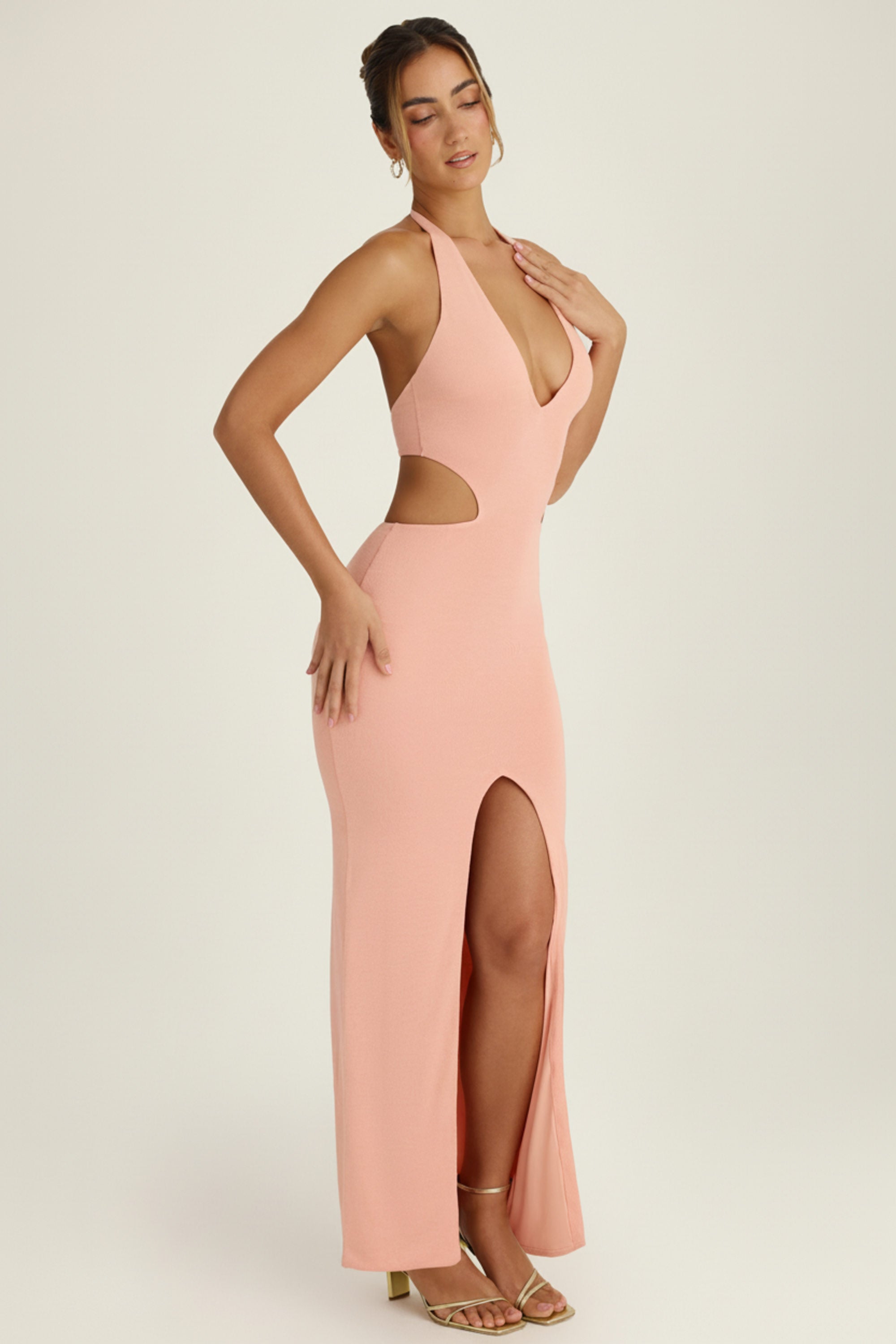 Cut-Out Halterneck Maxi Dress in Apricot Pink