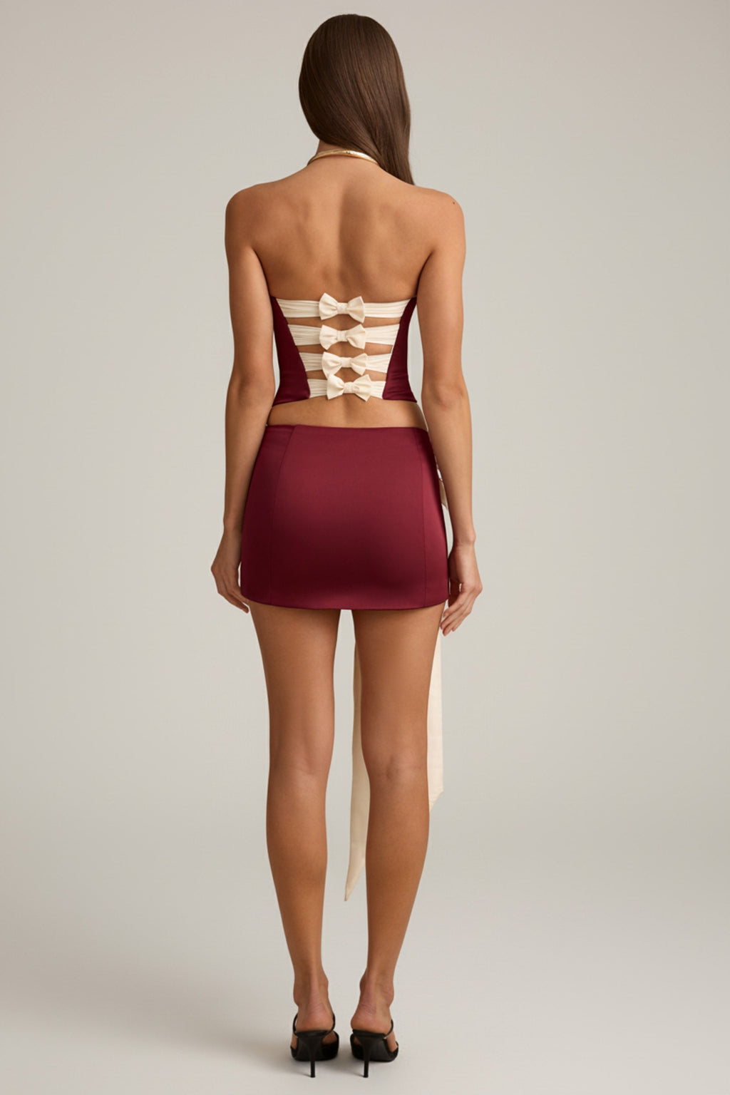 Bow-Detail Low-Rise Mini Skirt in Wine Red