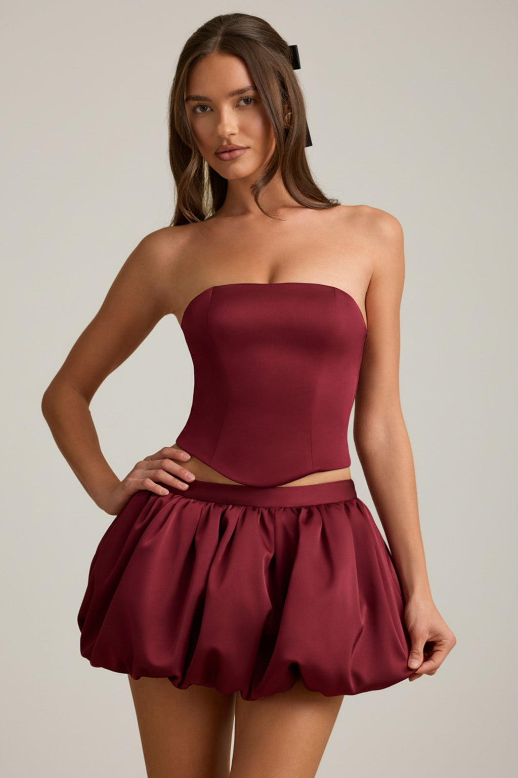Bubble Hem Mid-Rise Mini Skirt in Wine Red