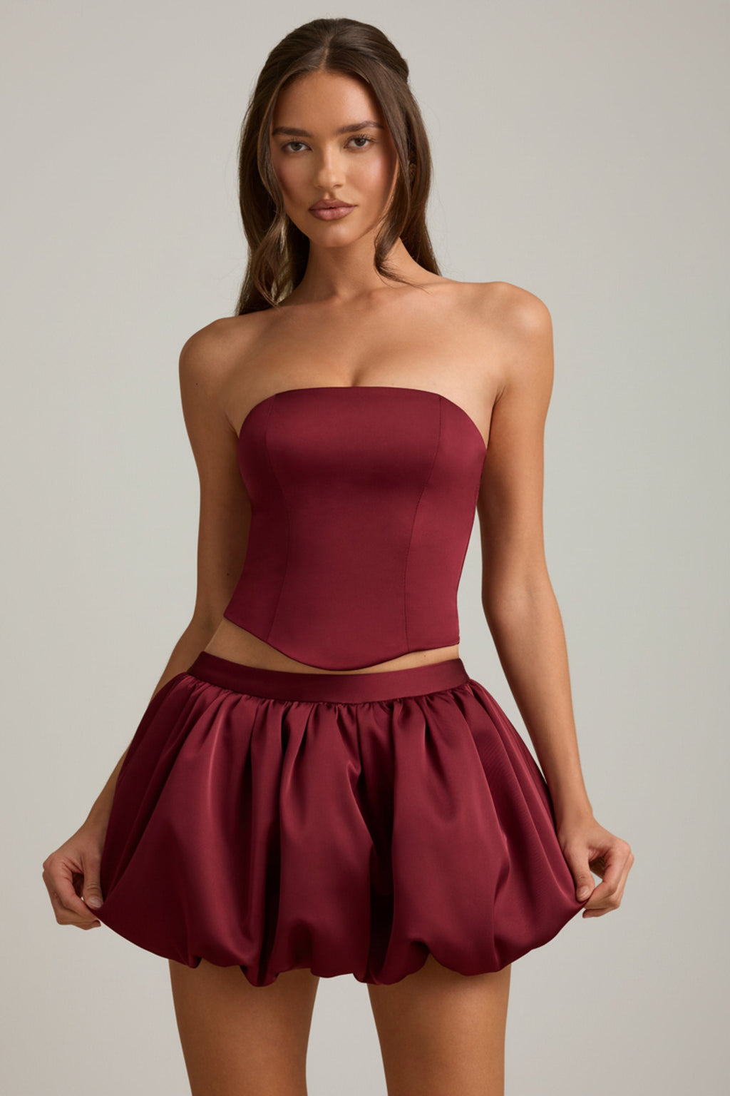 Bubble Hem Mid-Rise Mini Skirt in Wine Red