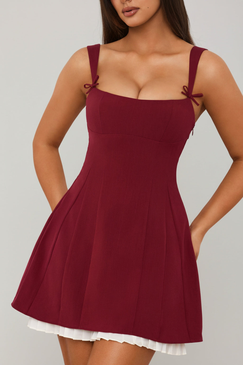 Bow-Detail Pleated A-Line Mini Dress in Berry Red