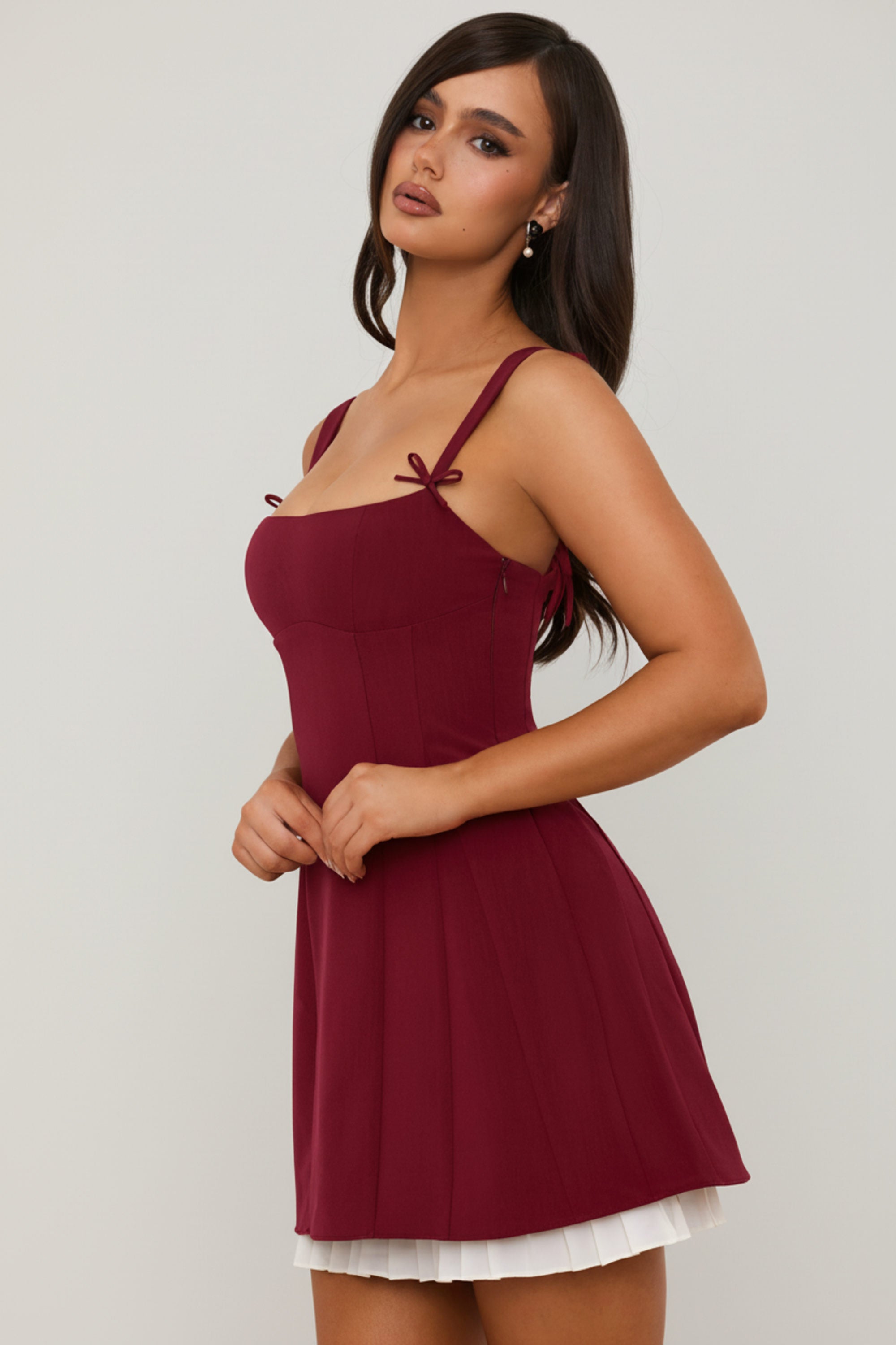 Bow-Detail Pleated A-Line Mini Dress in Berry Red