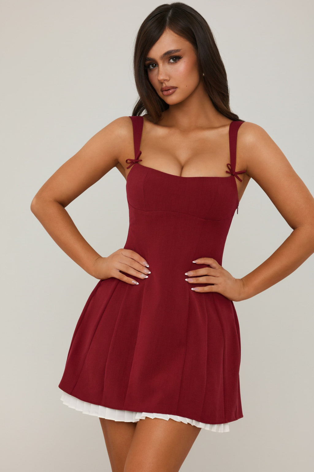 Bow-Detail Pleated A-Line Mini Dress in Berry Red