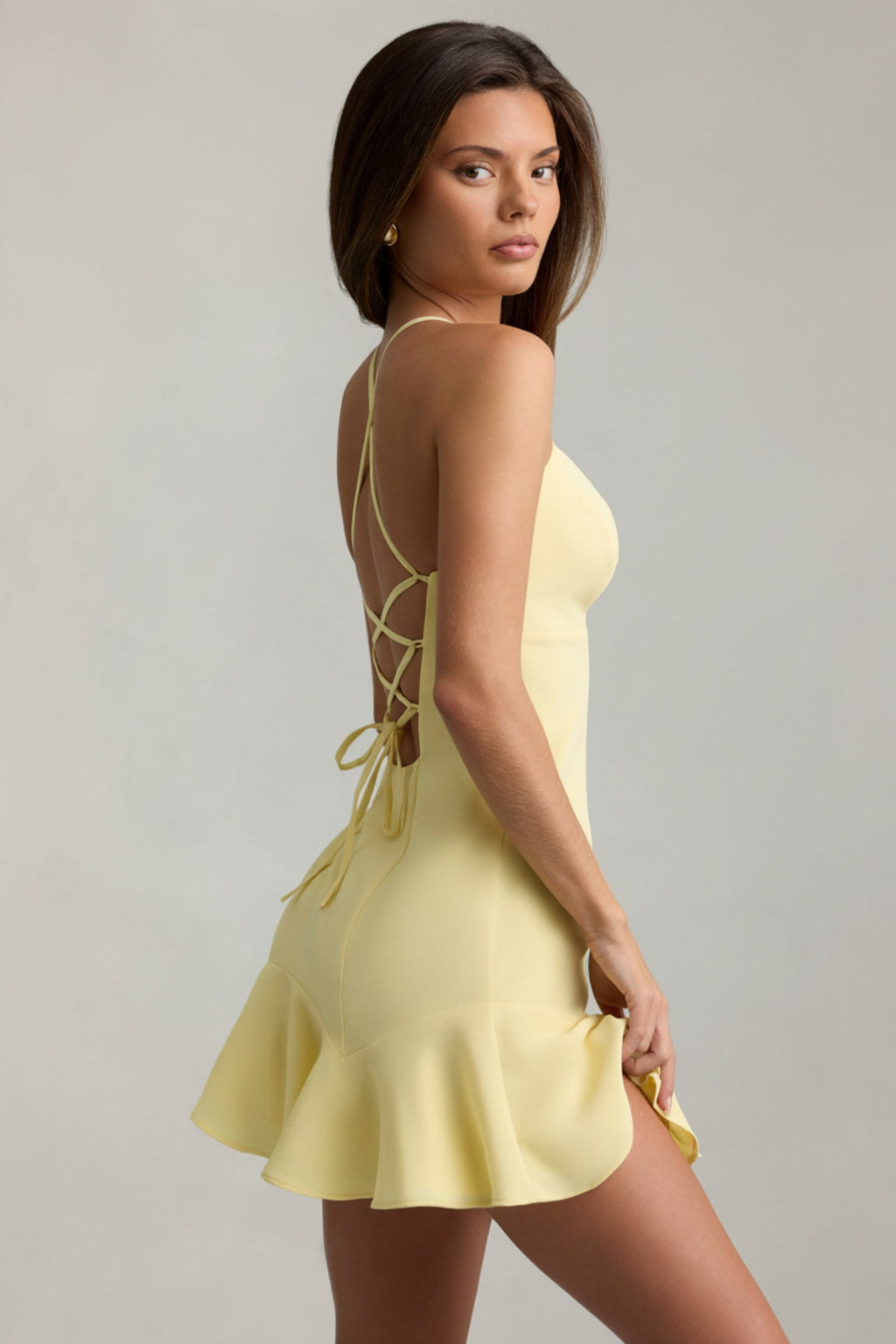 Drop-Waist Lace-Up Mini Dress in Yellow