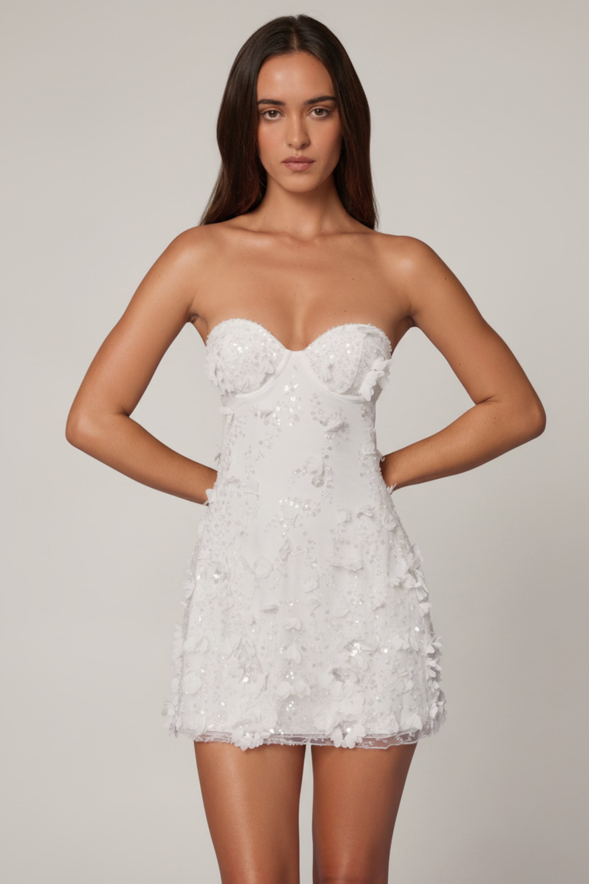 Embellished Bandeau A-line Mini Dress in White