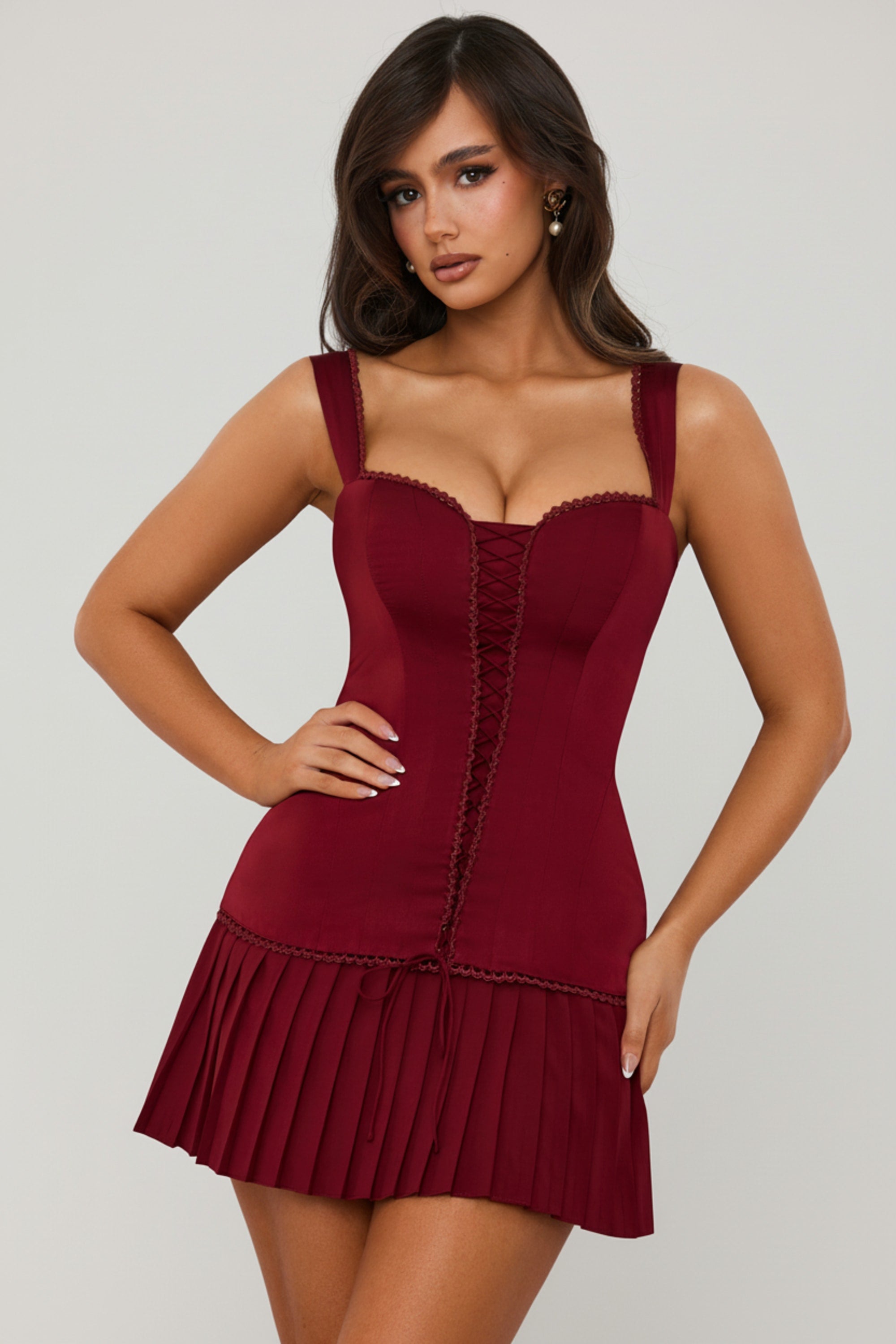 Bow-Detail Lace-Up Corset Mini Dress in Berry Red