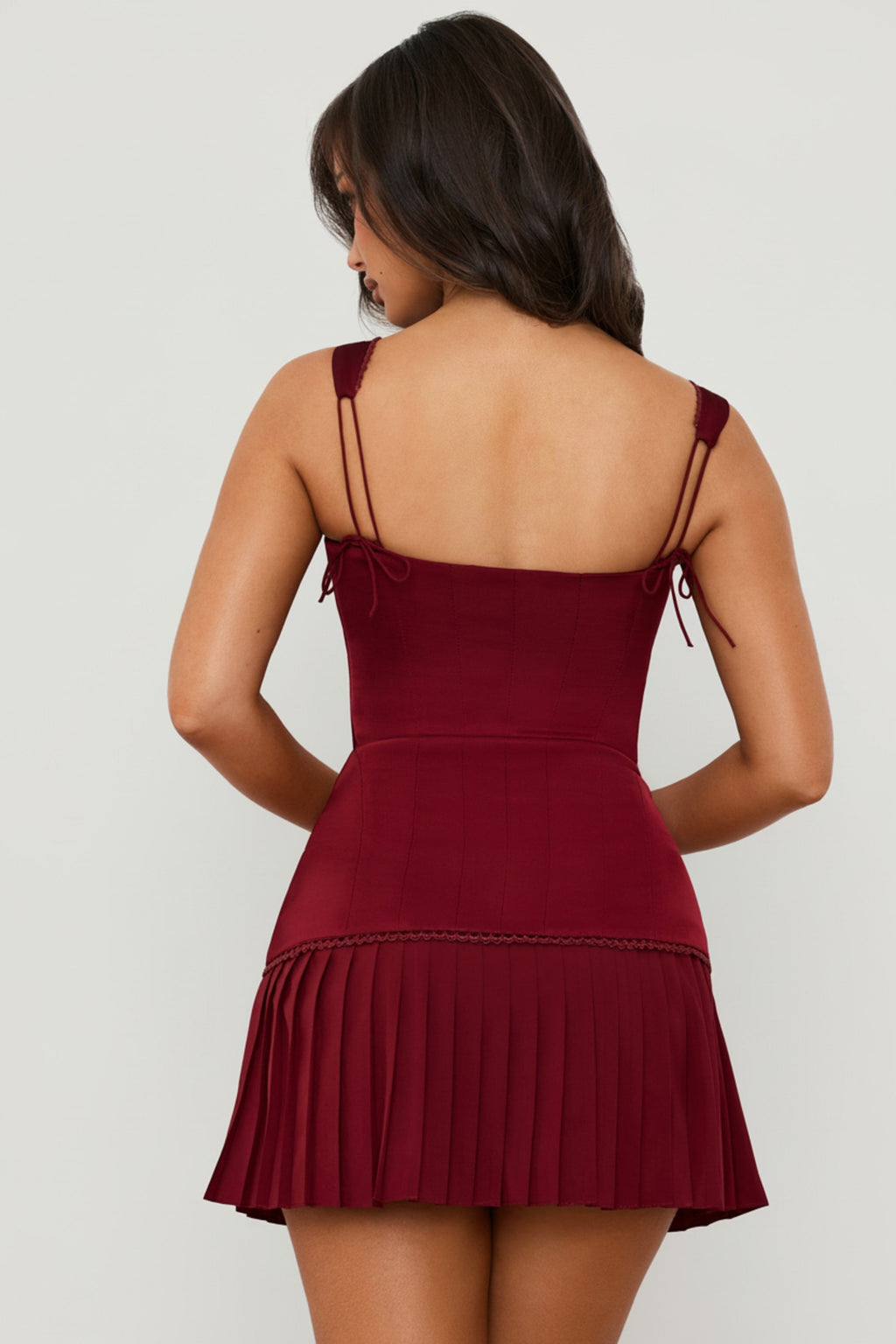 Bow-Detail Lace-Up Corset Mini Dress in Berry Red