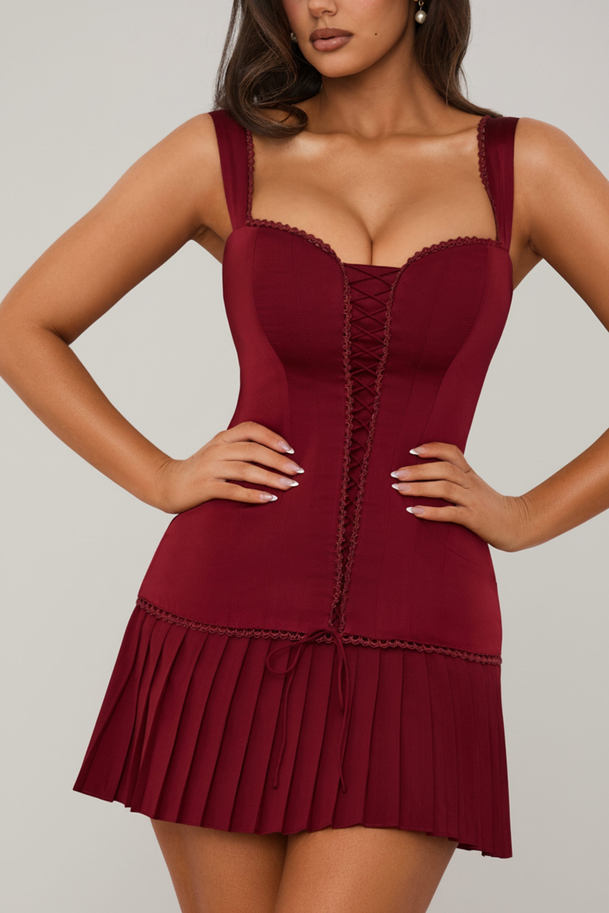 Bow-Detail Lace-Up Corset Mini Dress in Berry Red