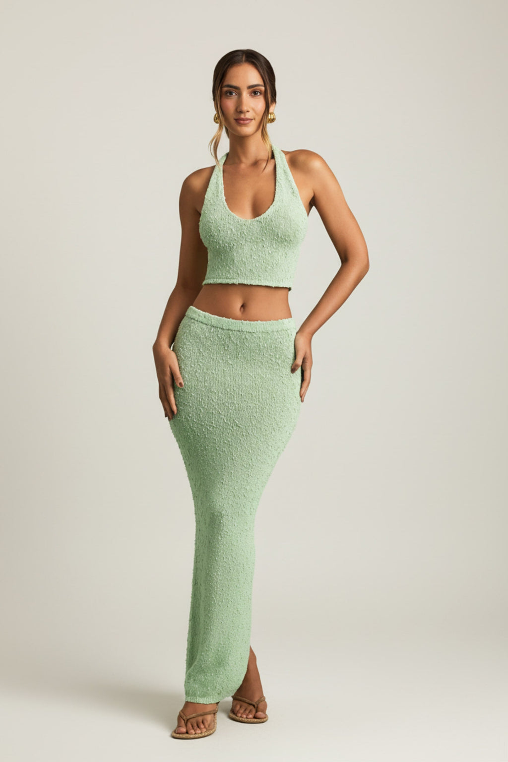 Bouclé Mid-Rise Maxi Skirt in Mint
