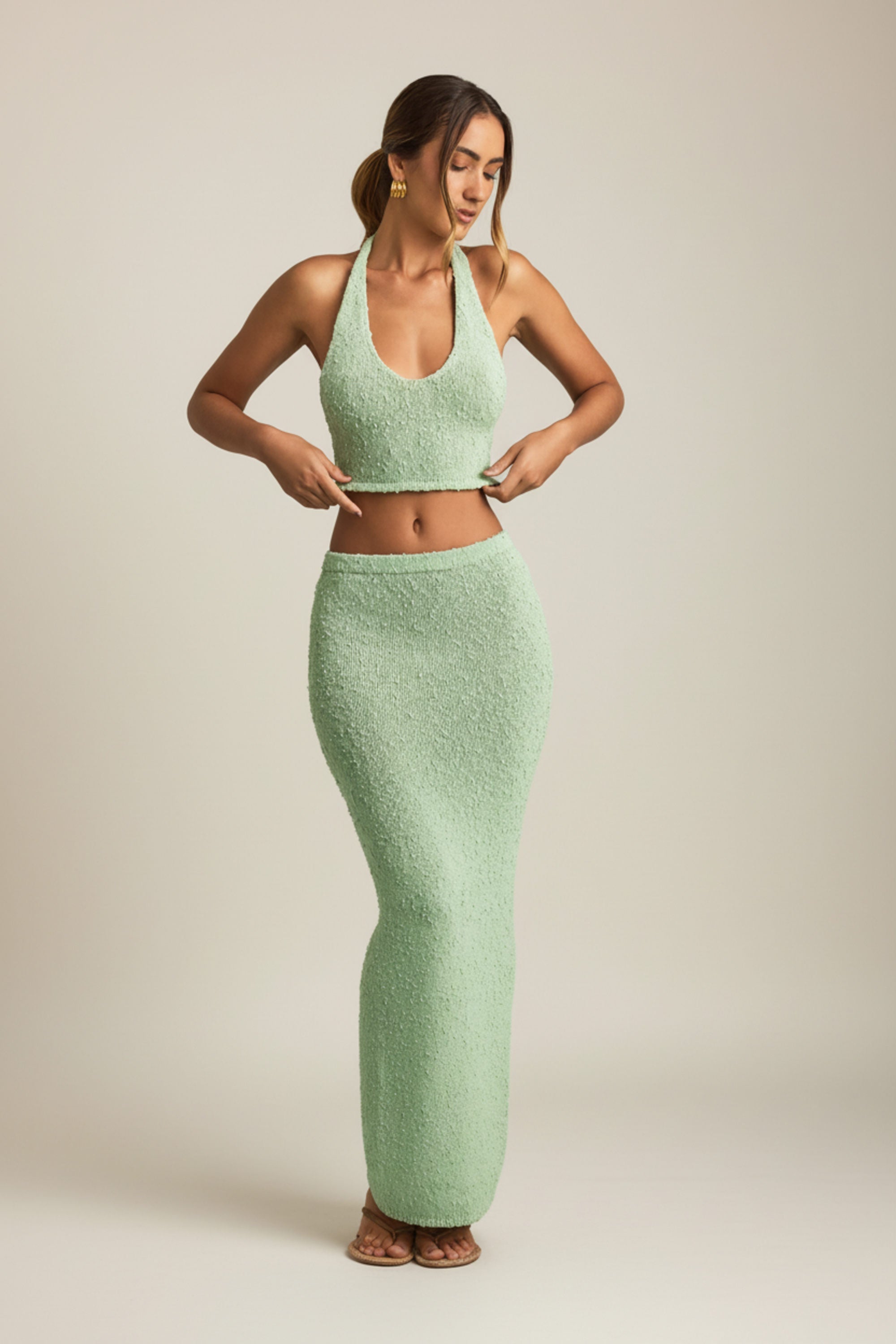 Bouclé Mid-Rise Maxi Skirt in Mint