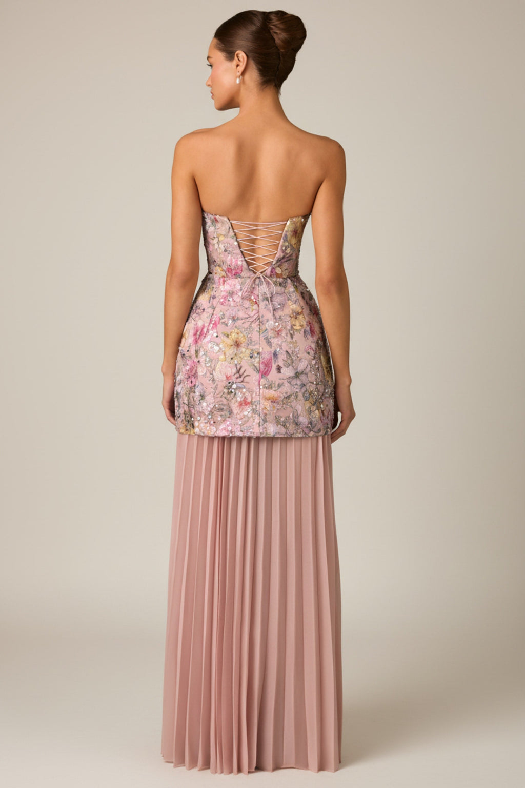 Embellished Convertible Lace-Up Gown in Floral Pink