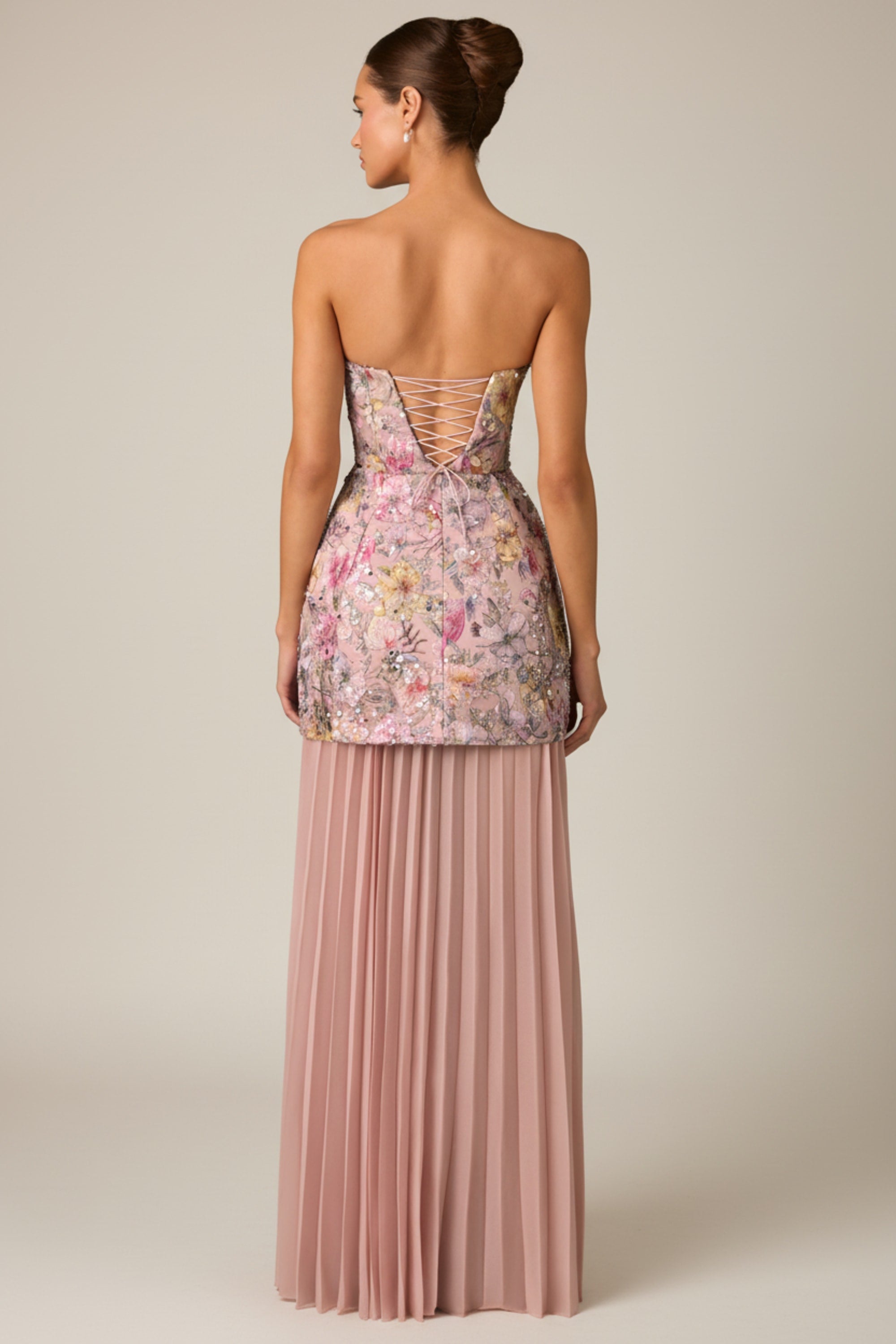Embellished Convertible Lace-Up Gown in Floral Pink
