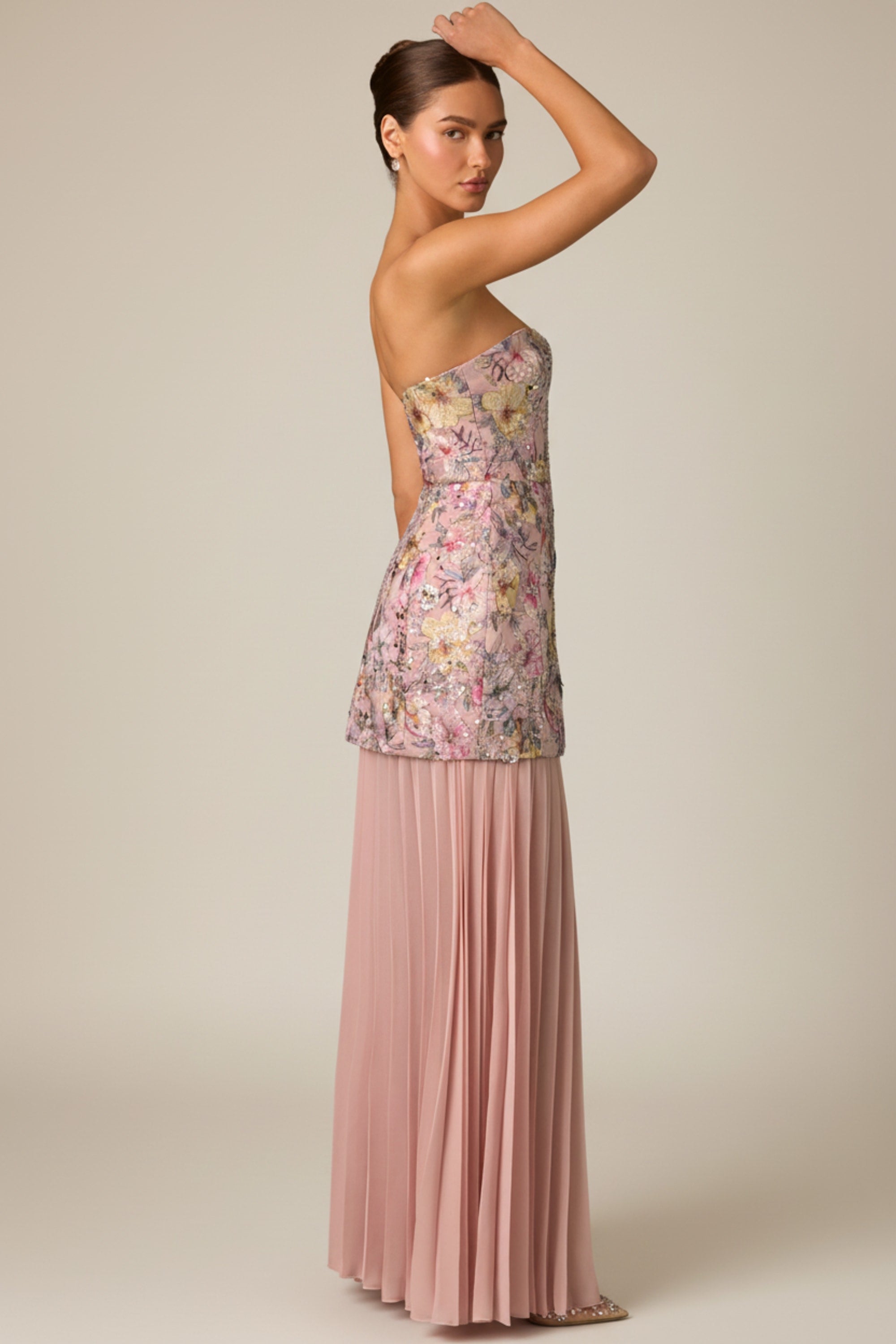 Embellished Convertible Lace-Up Gown in Floral Pink