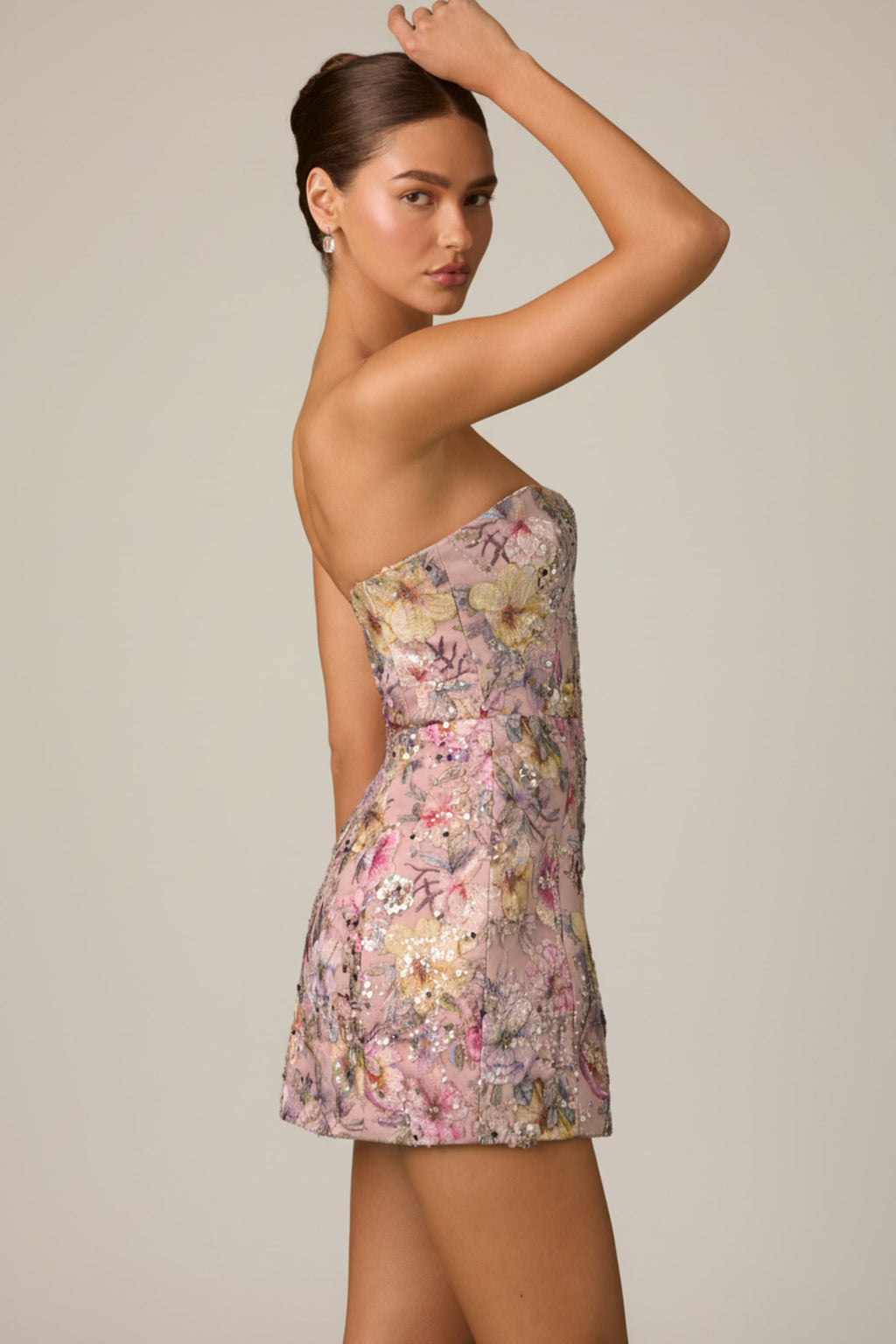 Embellished Convertible Lace-Up Gown in Floral Pink