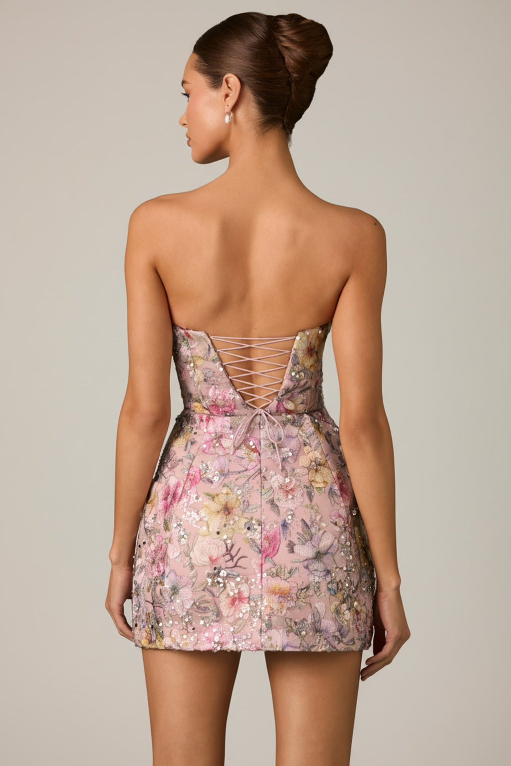 Embellished Convertible Lace-Up Gown in Floral Pink