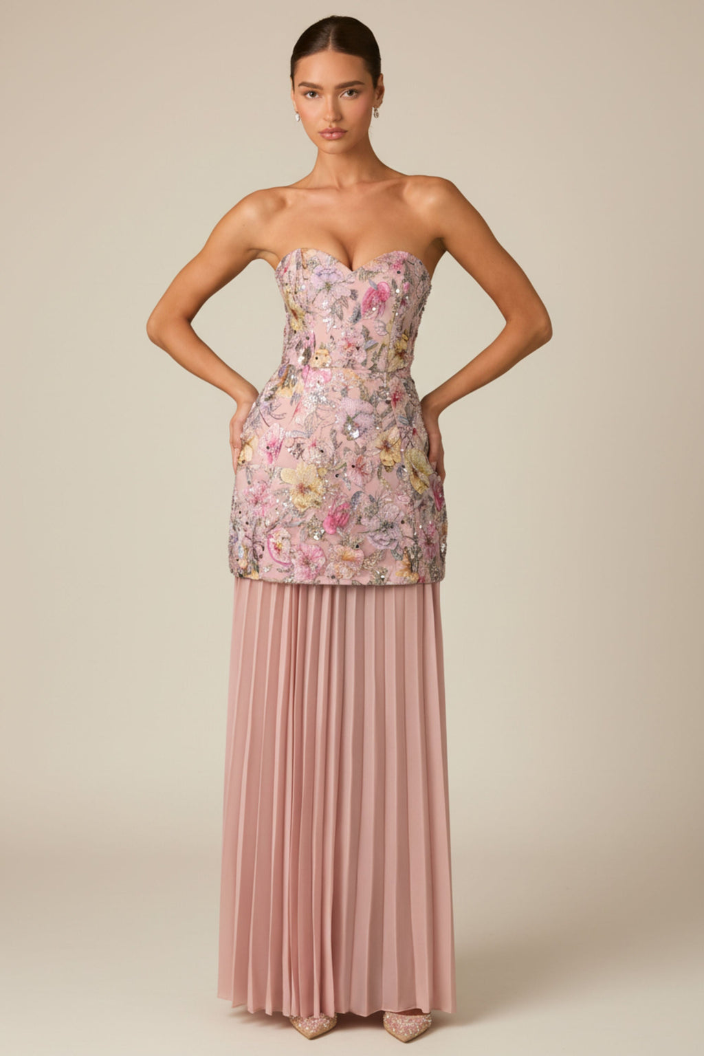 Embellished Convertible Lace-Up Gown in Floral Pink