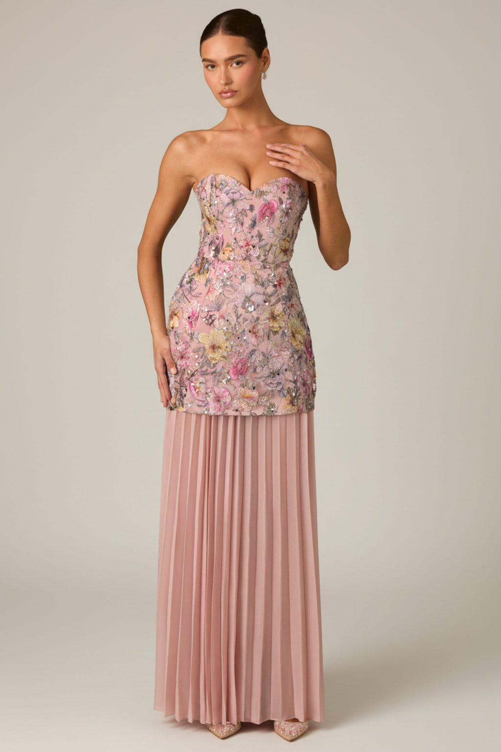 Embellished Convertible Lace-Up Gown in Floral Pink