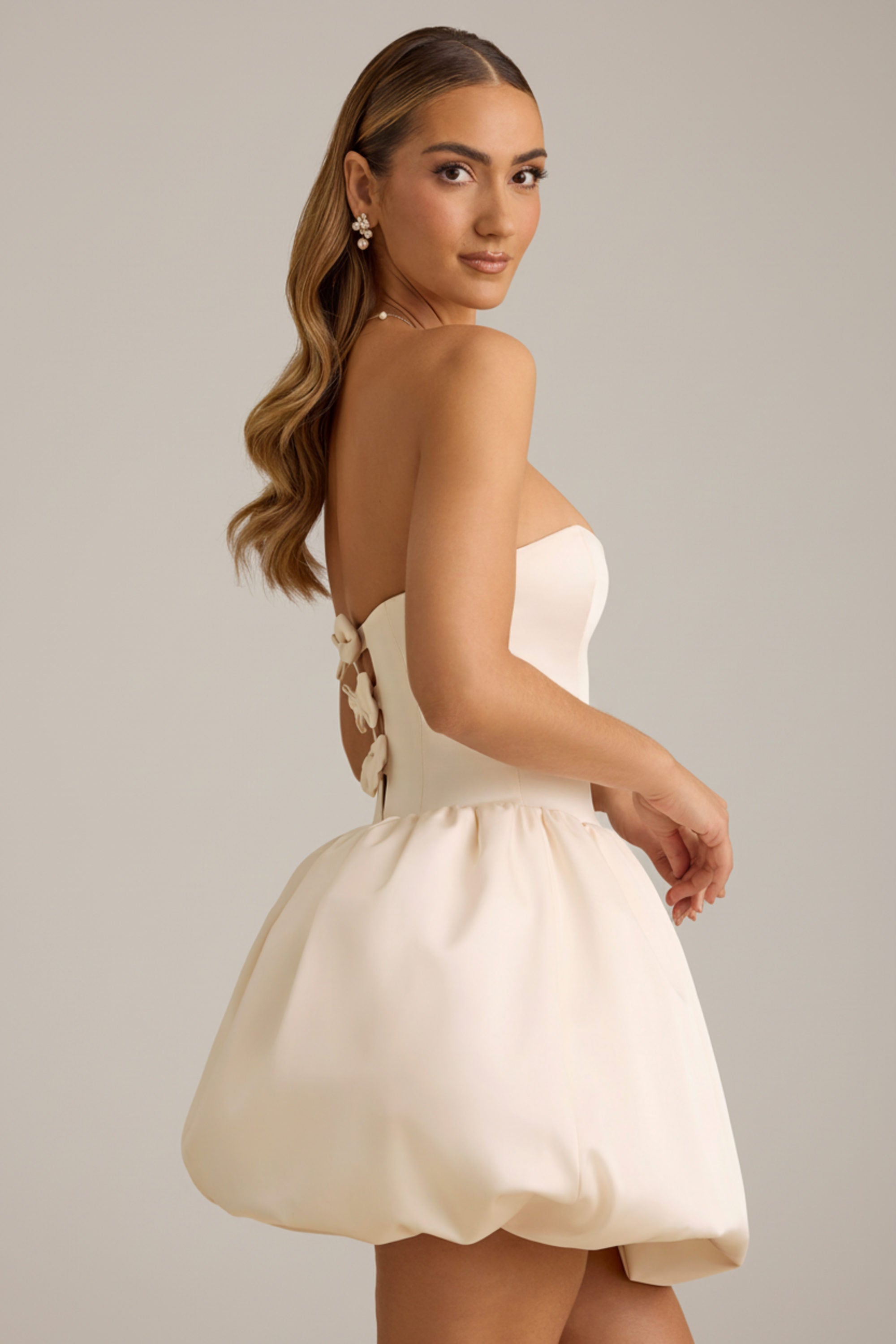 Convertible Bow-Detail Bubble Hem Midaxi Dress in Ivory