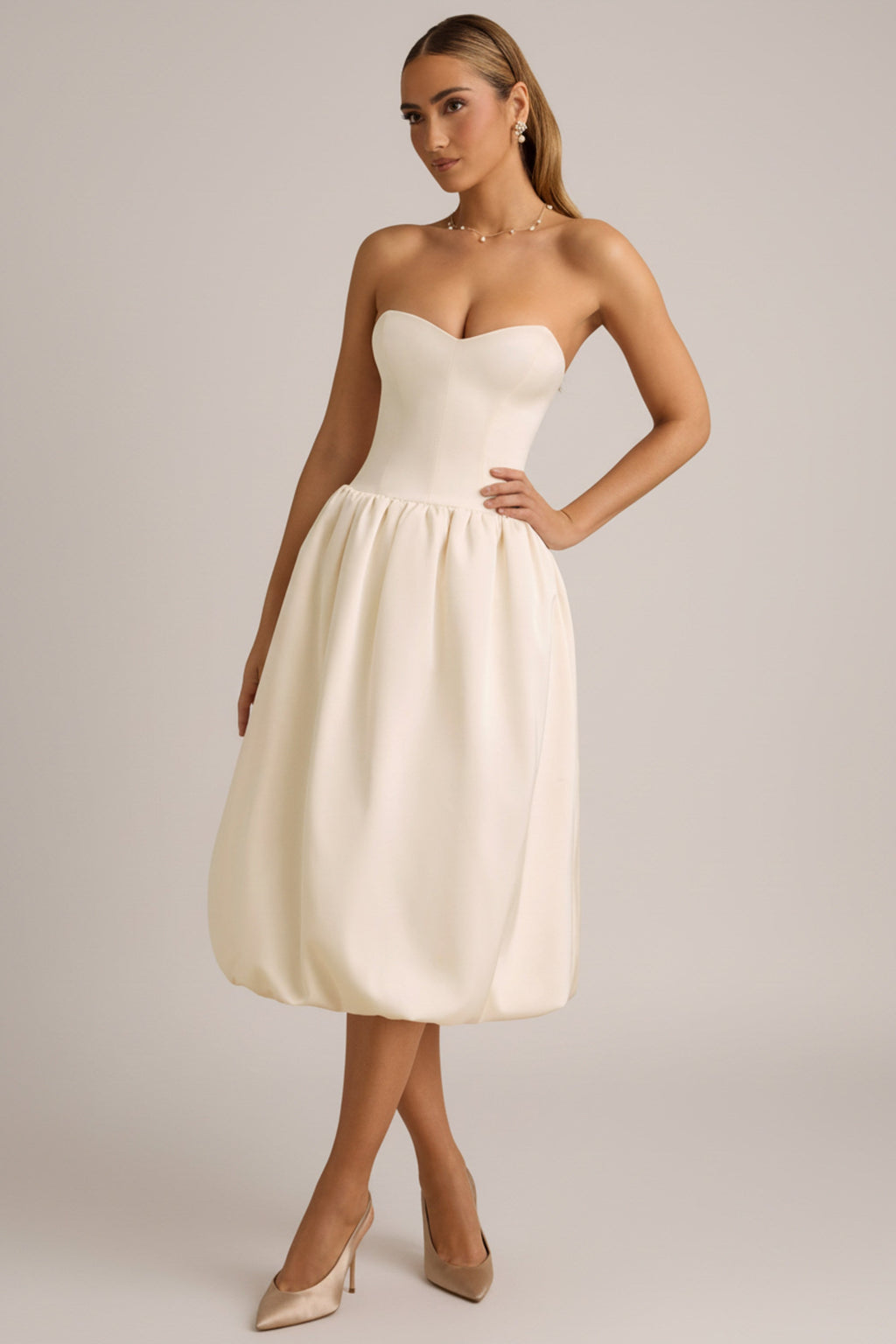 Convertible Bow-Detail Bubble Hem Midaxi Dress in Ivory