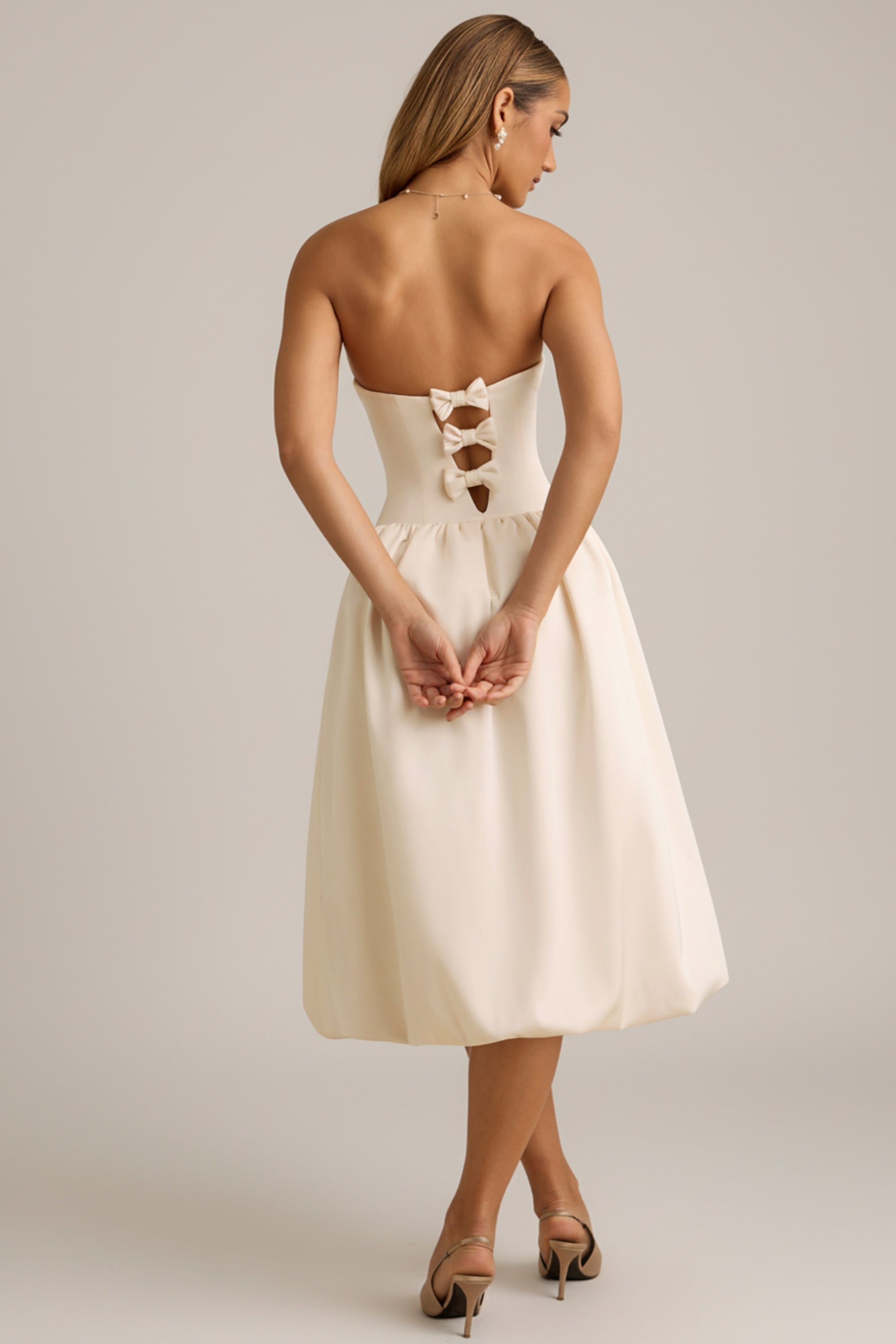 Convertible Bow-Detail Bubble Hem Midaxi Dress in Ivory