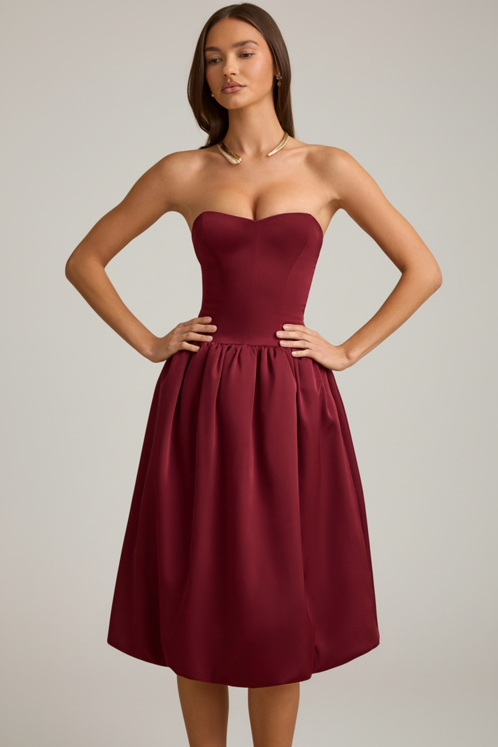 Convertible Bow-Detail Bubble Hem Midaxi Dress in Wine Red
