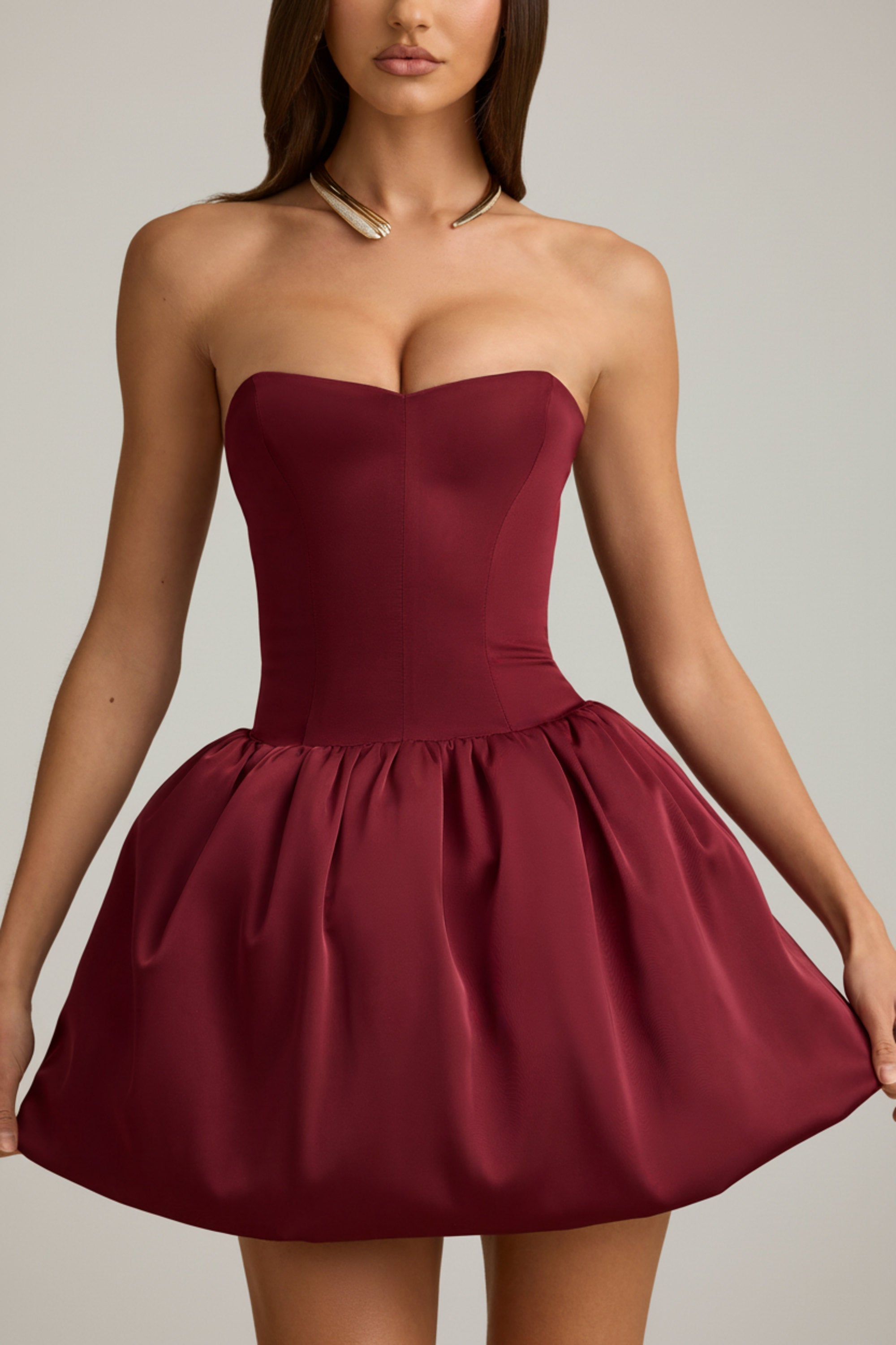 Convertible Bow-Detail Bubble Hem Midaxi Dress in Wine Red