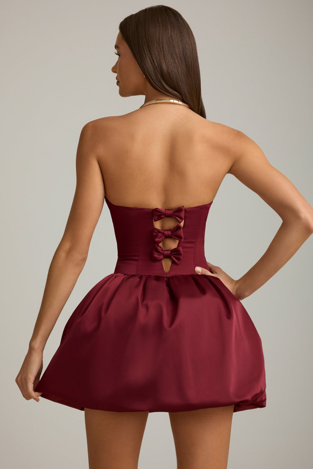 Convertible Bow-Detail Bubble Hem Midaxi Dress in Wine Red