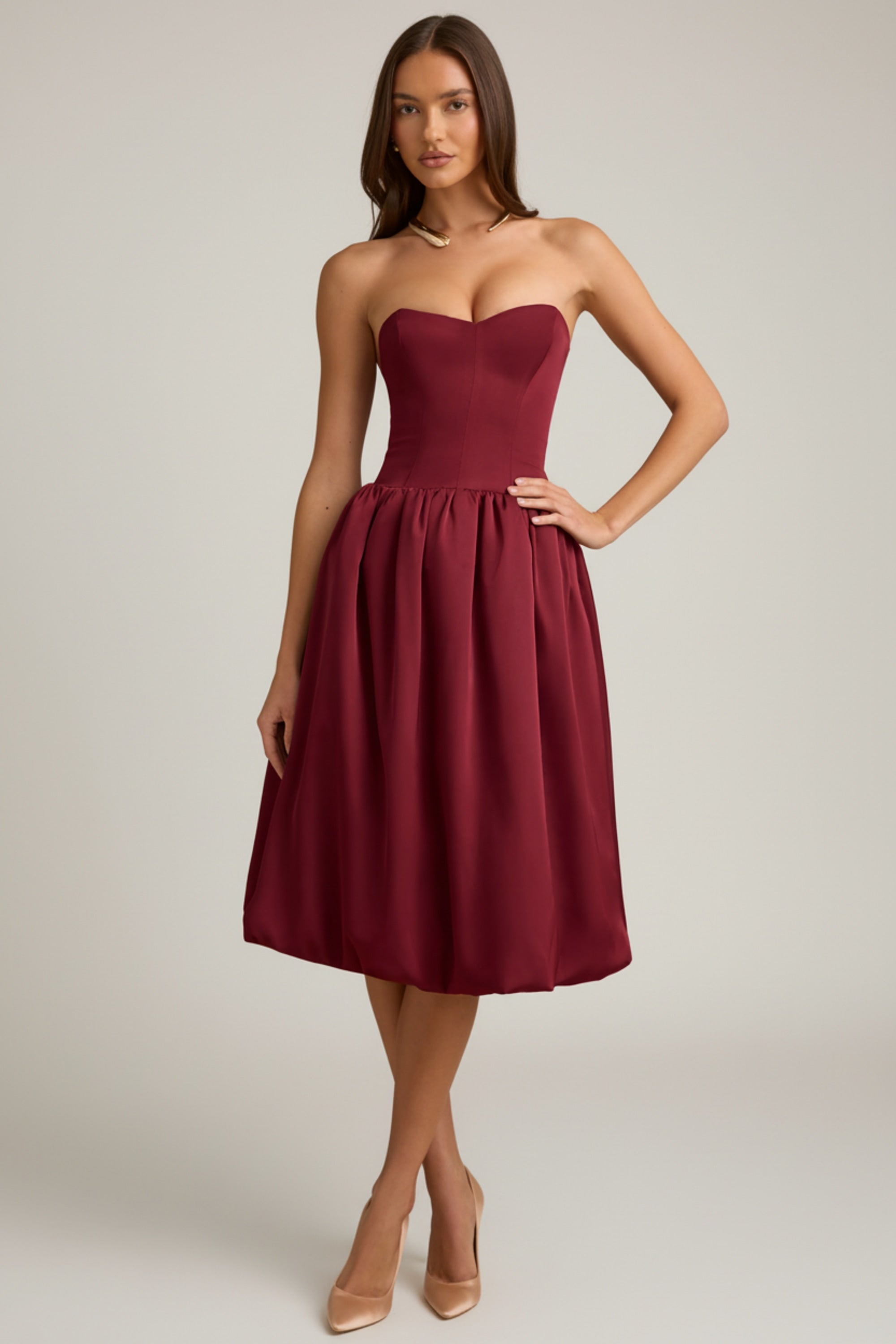 Convertible Bow-Detail Bubble Hem Midaxi Dress in Wine Red