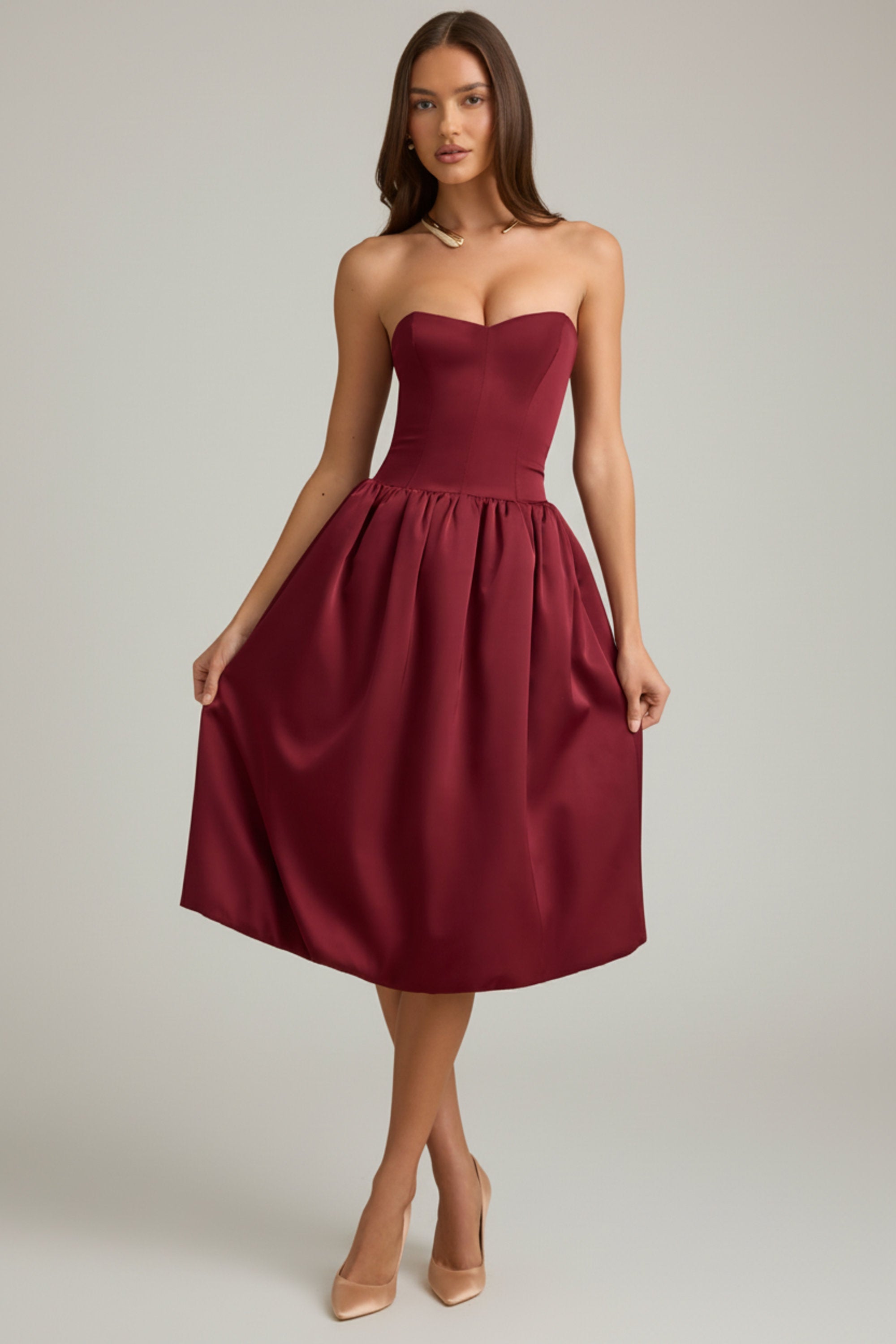 Convertible Bow-Detail Bubble Hem Midaxi Dress in Wine Red