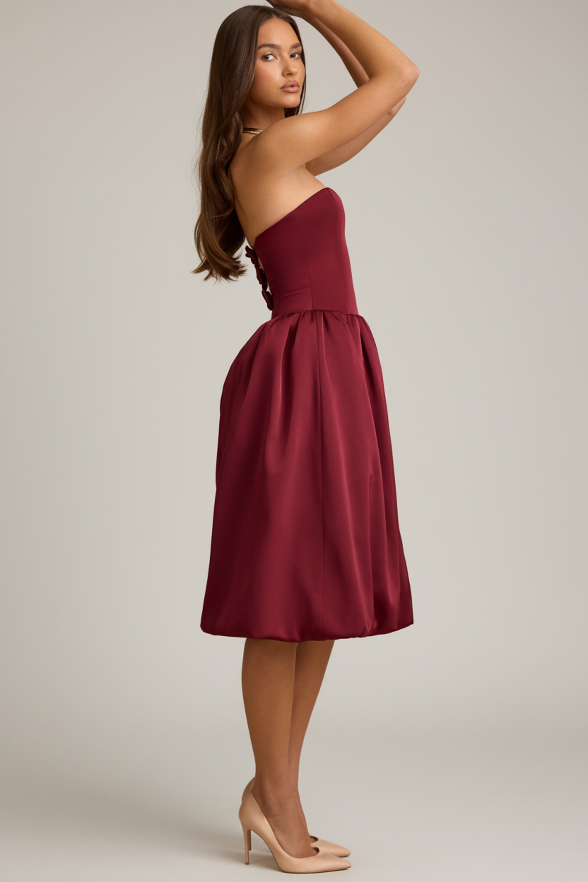 Convertible Bow-Detail Bubble Hem Midaxi Dress in Wine Red