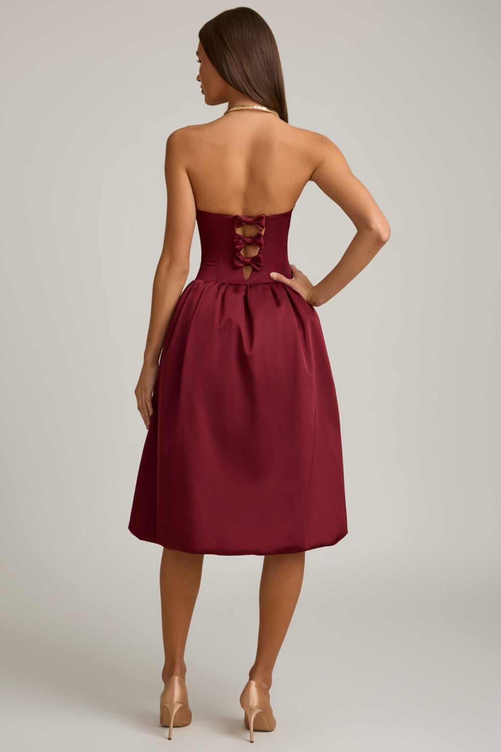 Convertible Bow-Detail Bubble Hem Midaxi Dress in Wine Red