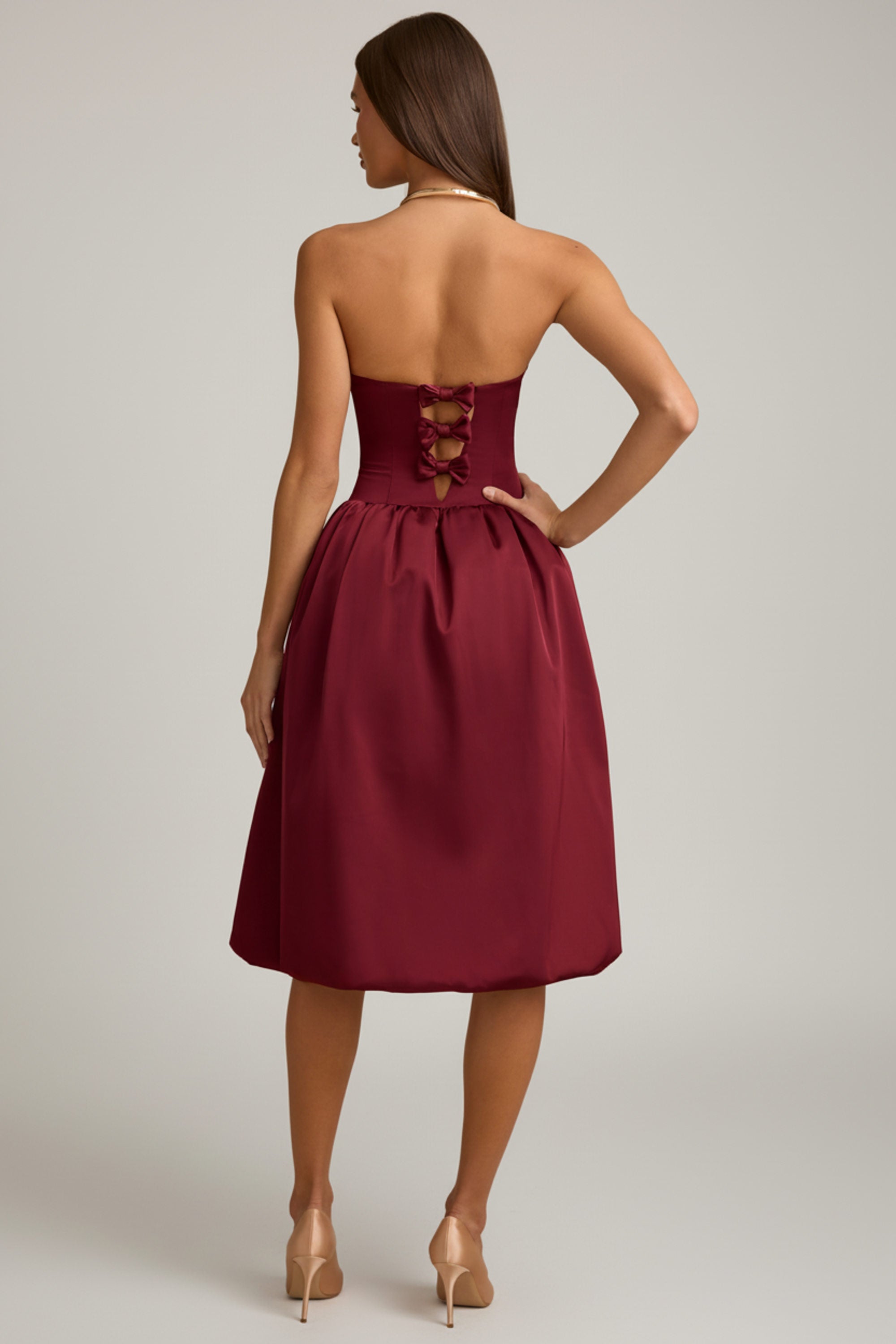 Convertible Bow-Detail Bubble Hem Midaxi Dress in Wine Red