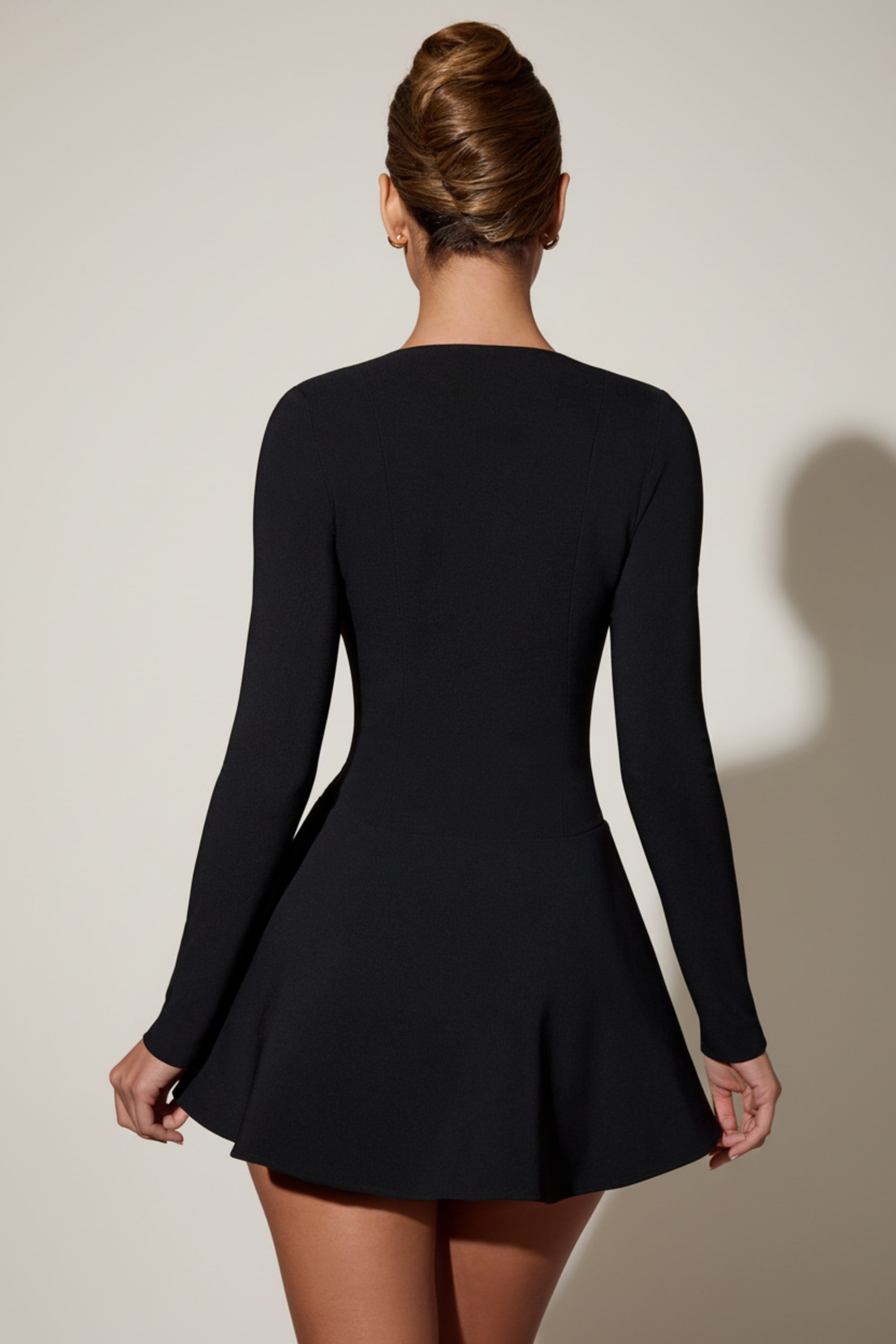 Bow-Detail Plunge-Neck A-Line Mini Dress in Black