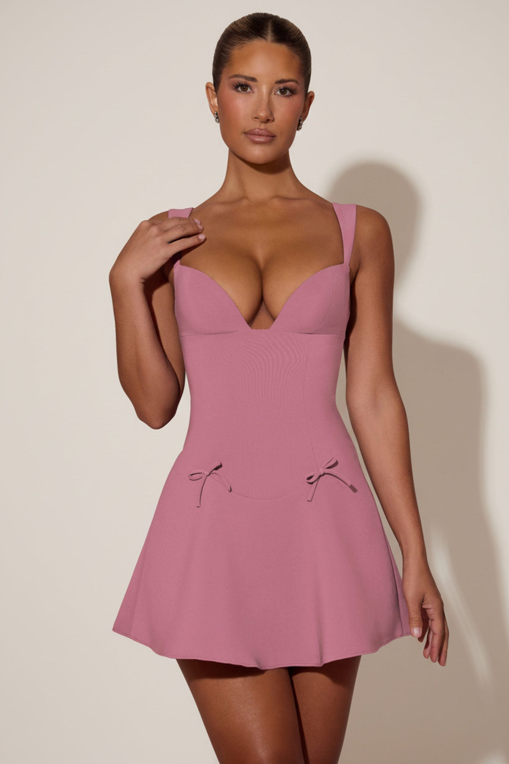 Bow-Detail A-Line Mini Dress in Dusty Pink