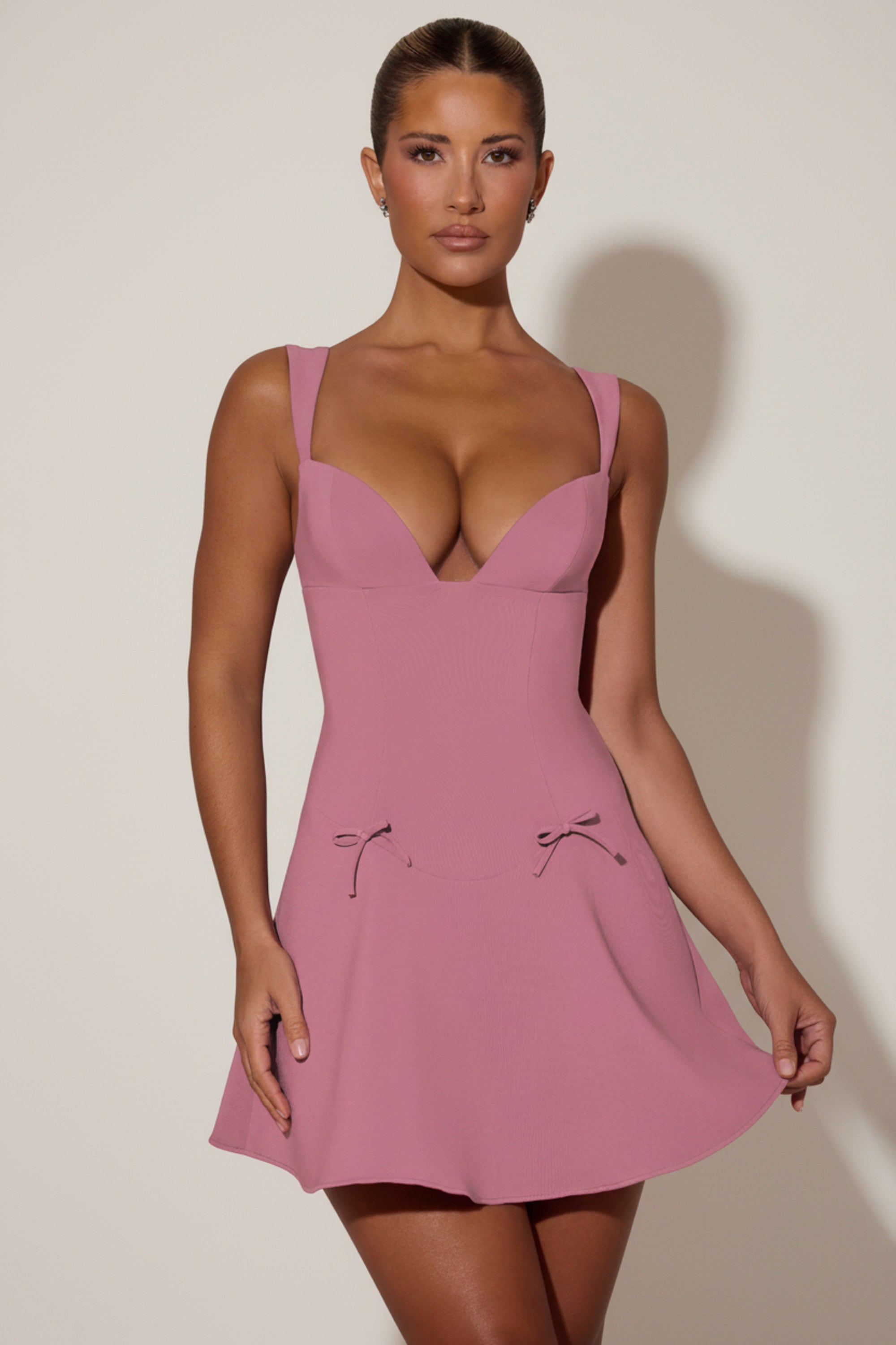 Bow-Detail A-Line Mini Dress in Dusty Pink