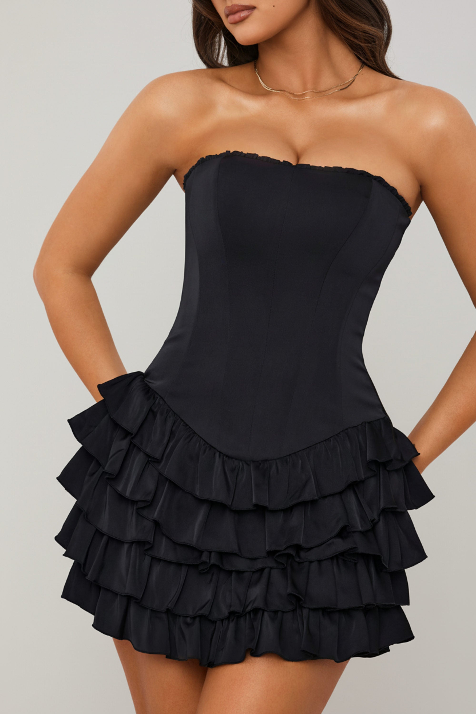 Bandeau Ruffled Tiered Corset Mini Dress in Black
