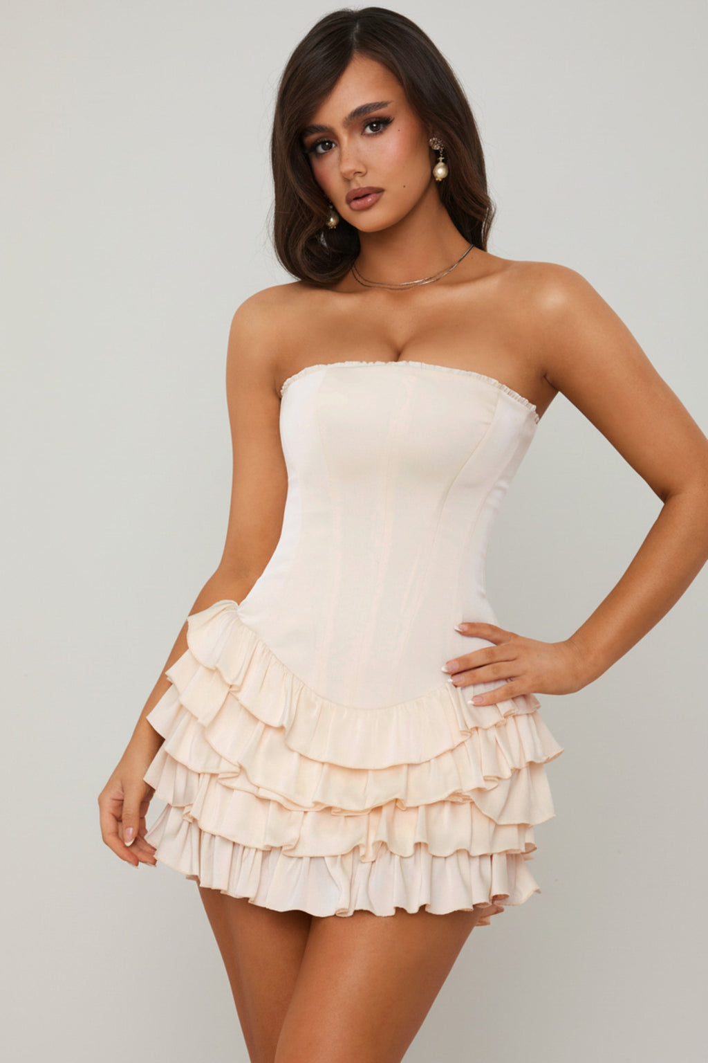 Bandeau Ruffled Tiered Corset Mini Dress in Ivory