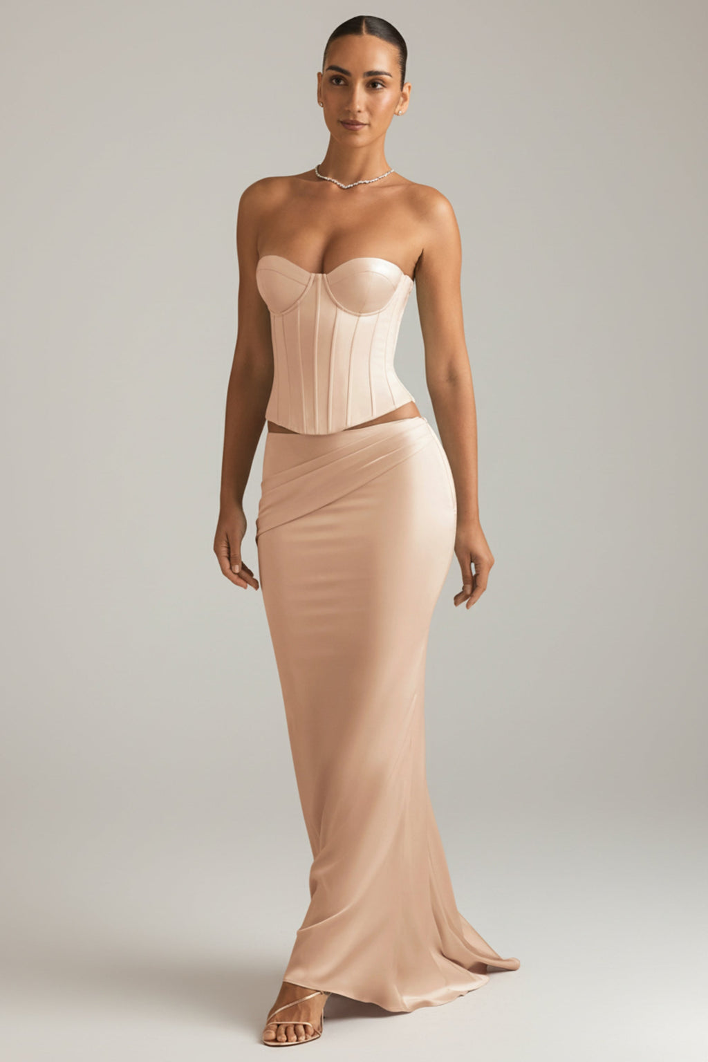Draped Low-Rise Maxi Skirt in Beige Gold