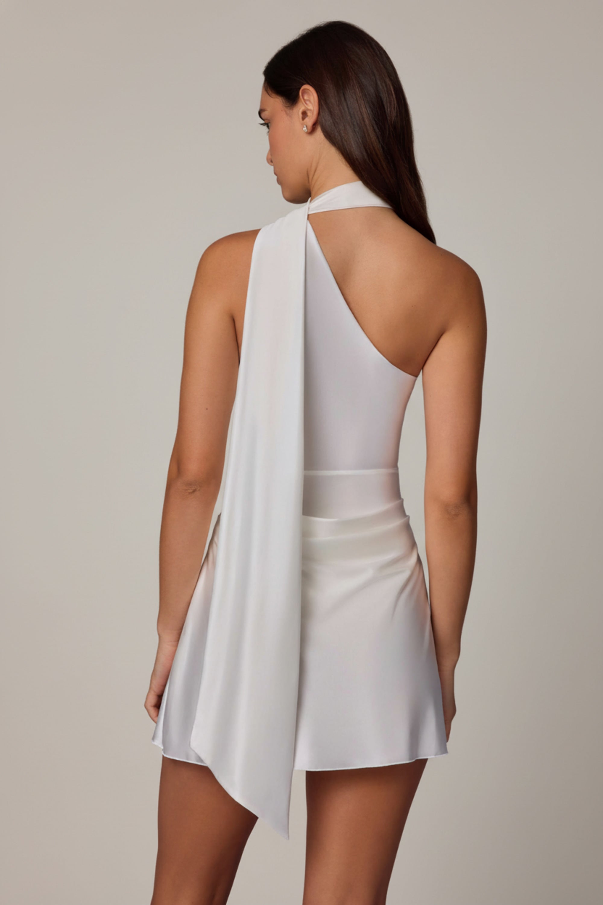 Asymmetric Scarf-Detail Mini Dress in White