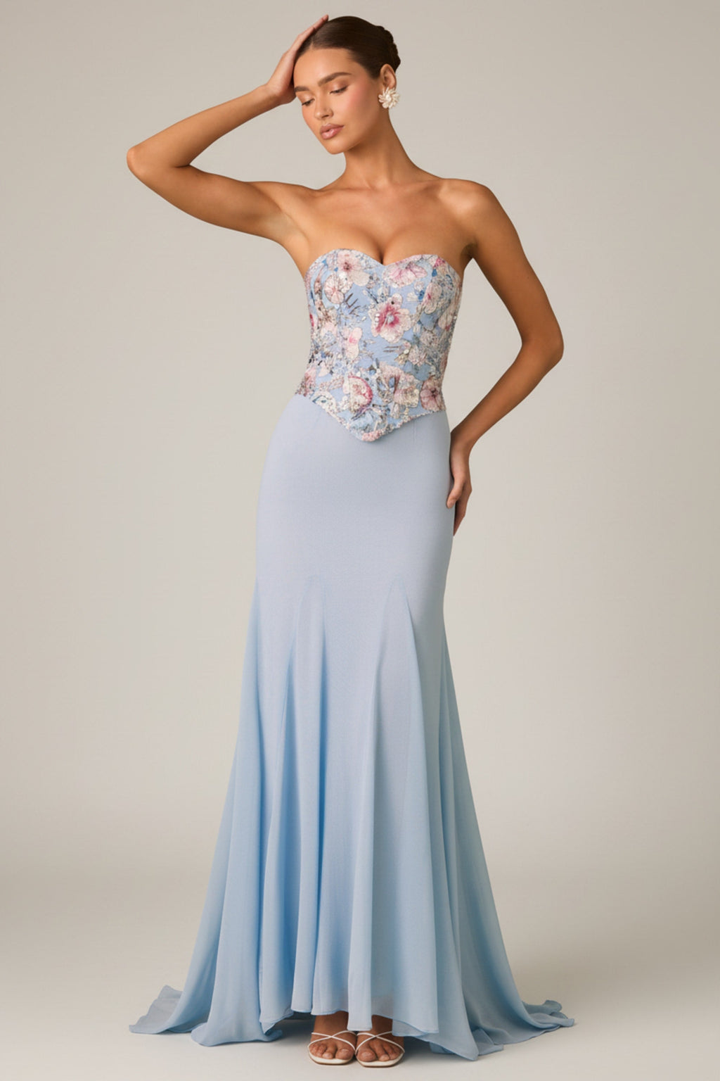 Embellished Corset Fishtail Gown in Floral Blue