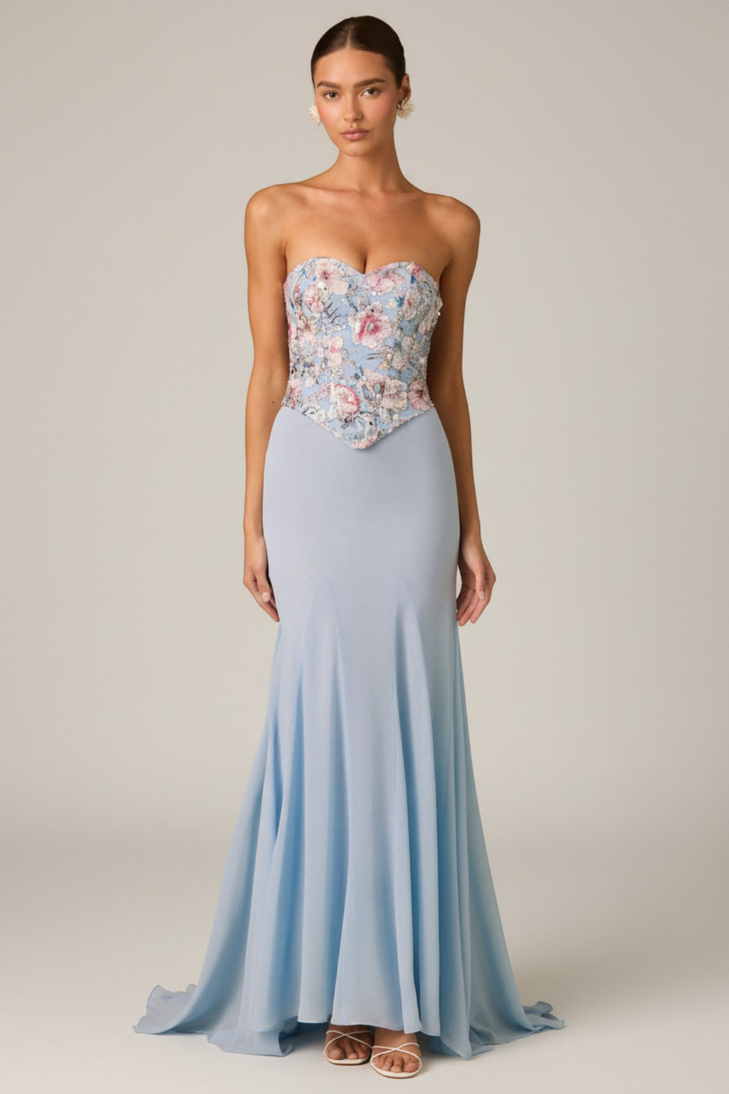 Embellished Corset Fishtail Gown in Floral Blue