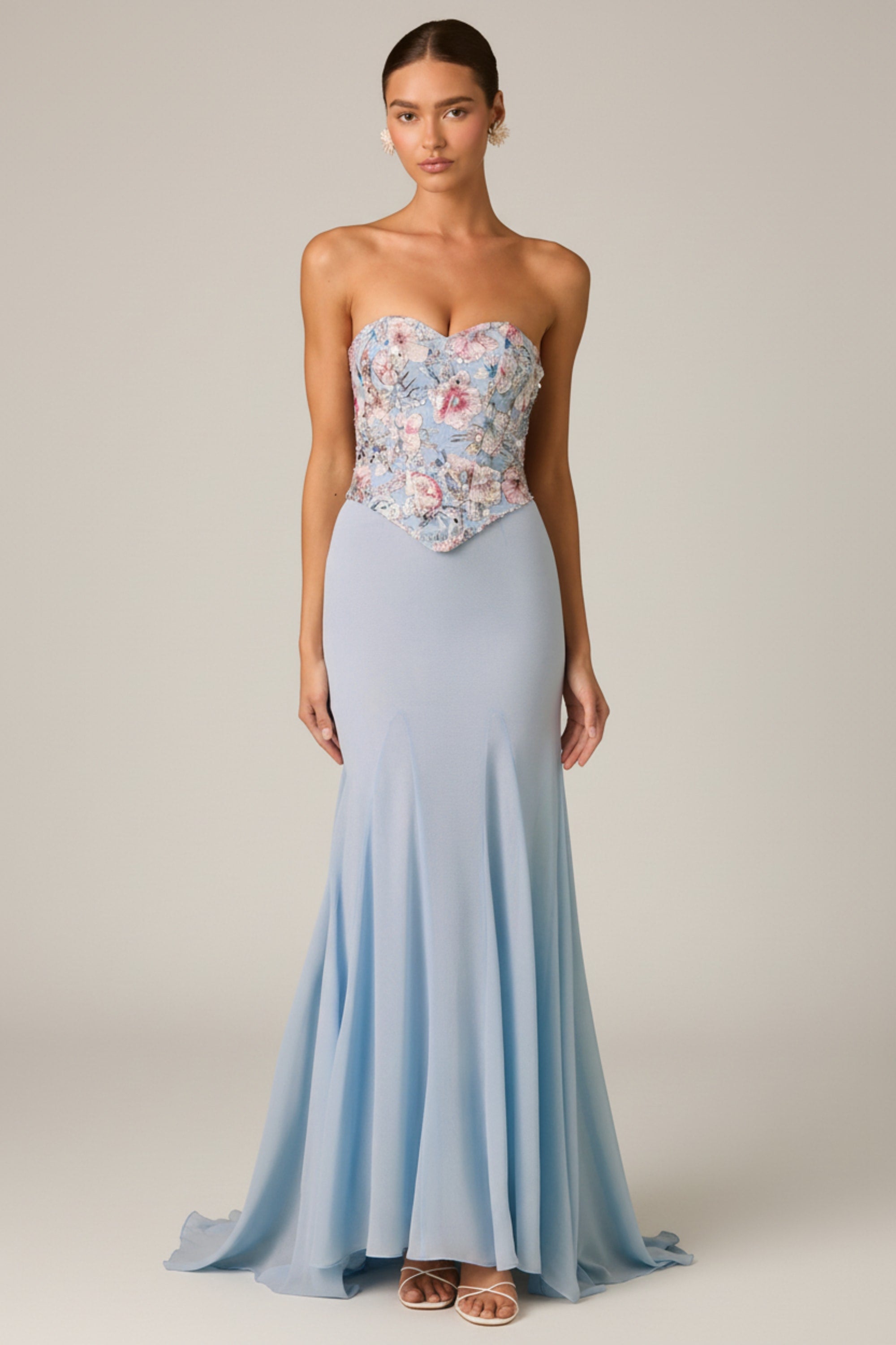 Embellished Corset Fishtail Gown in Floral Blue